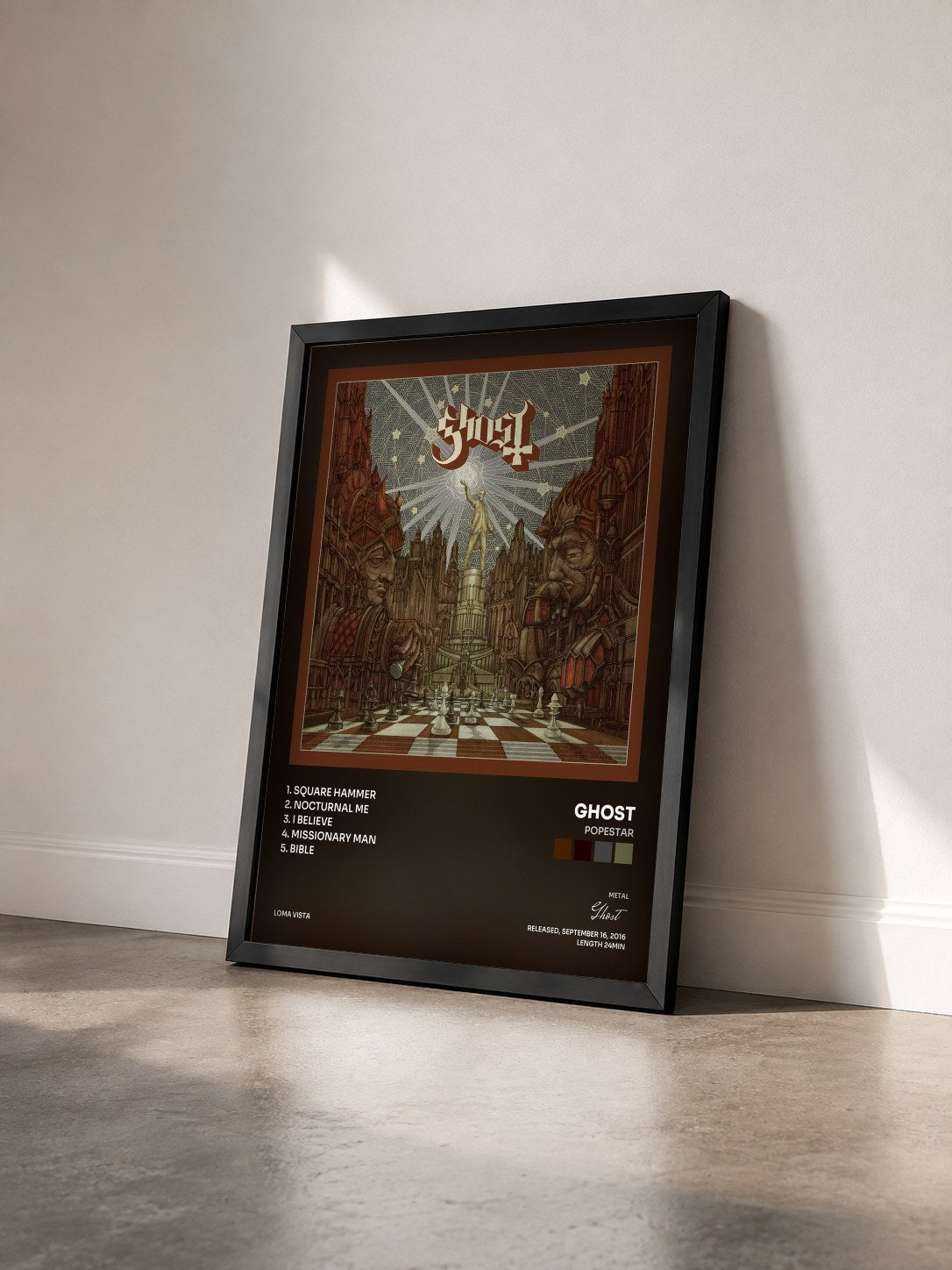 #noir Tableau de l'album Popestar de Ghost vu de trois quarts, cadre noir