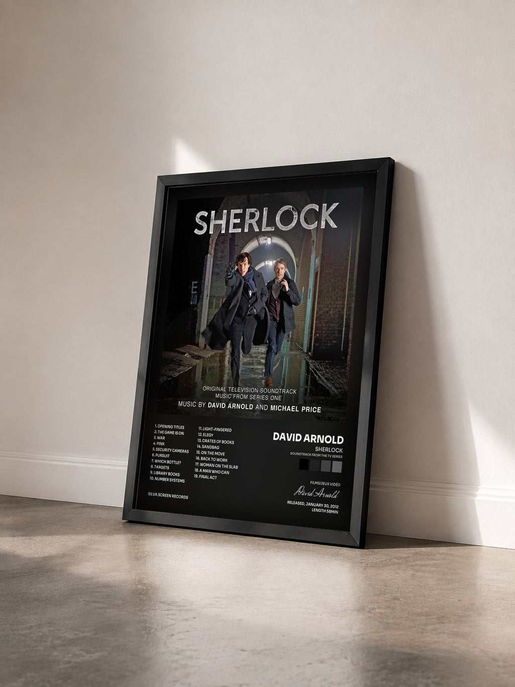 #noir Tableau de l'album Sherlock (Soundtrack from the TV series) de David Arnold vu de trois quarts, cadre noir