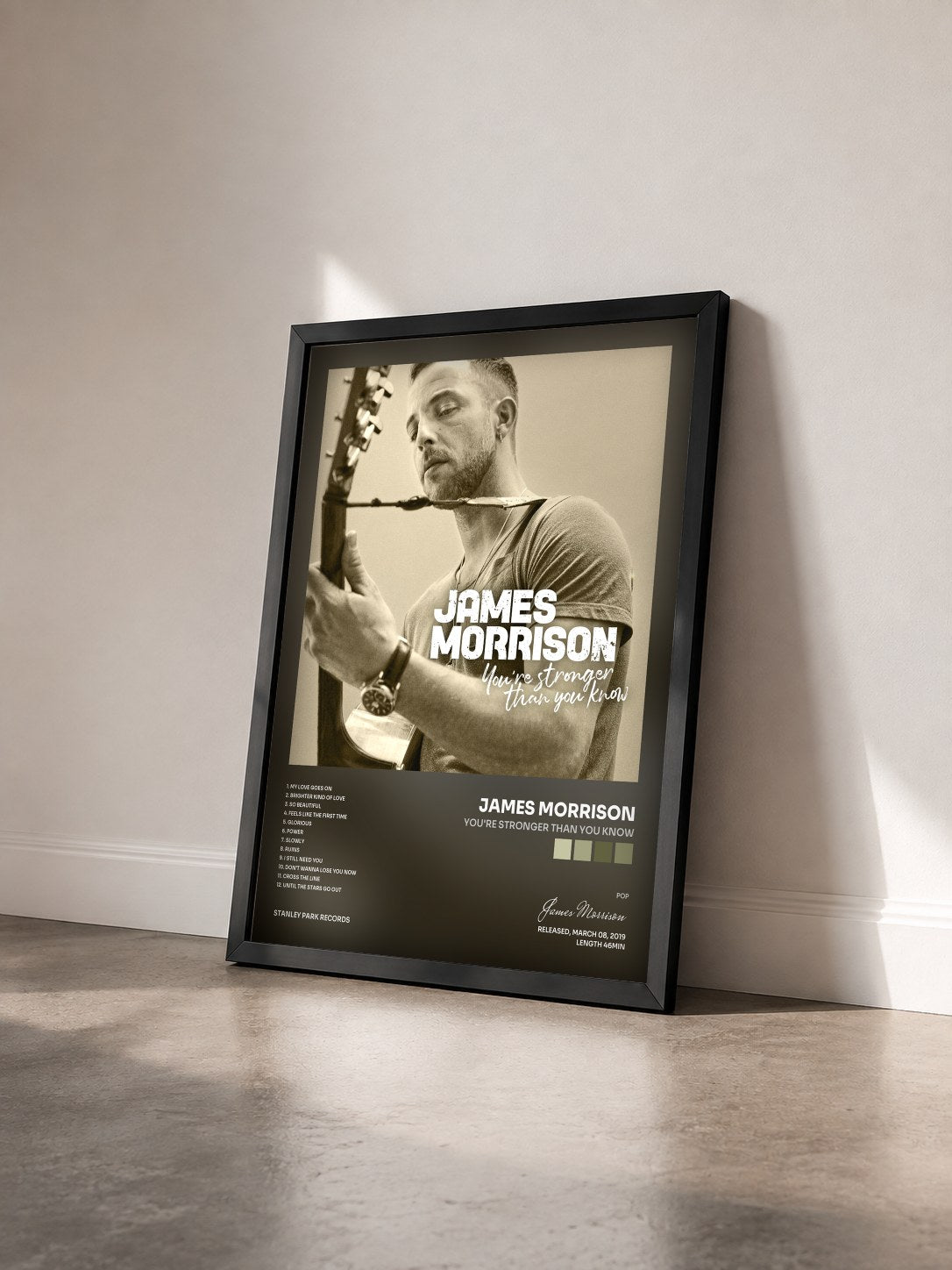 #noir Tableau de l'album You're Stronger Than You Know de James Morrison vu de trois quarts, cadre noir