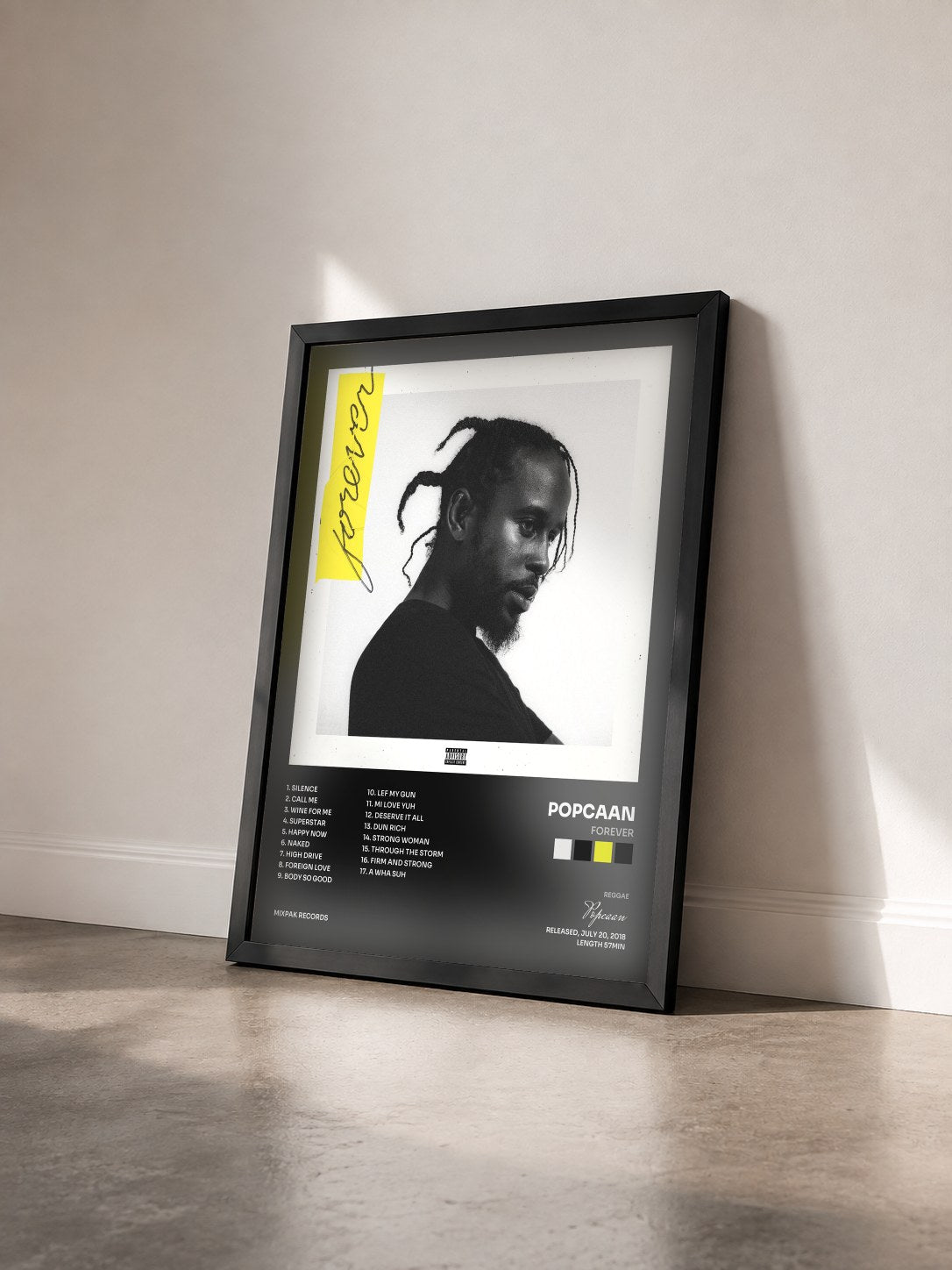 #noir Tableau de l'album Forever de Popcaan vu de trois quarts, cadre noir