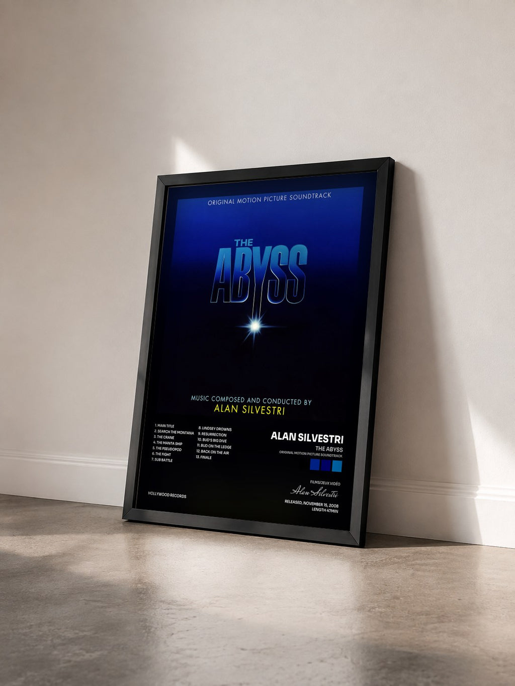 #noir Tableau de l'album The Abyss (Original Motion Picture Soundtrack) de Alan Silvestri vu de trois quarts, cadre noir