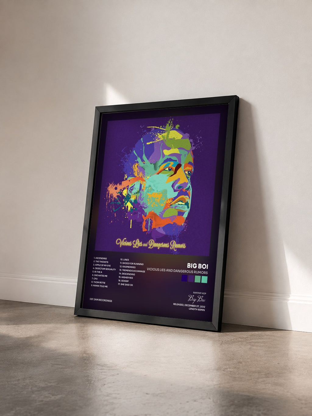#noir Vicious Lies and Dangerous Rumors von Big Boi als gerahmter Kunstdruck von schräg gesehen, schwarzer Rahmen