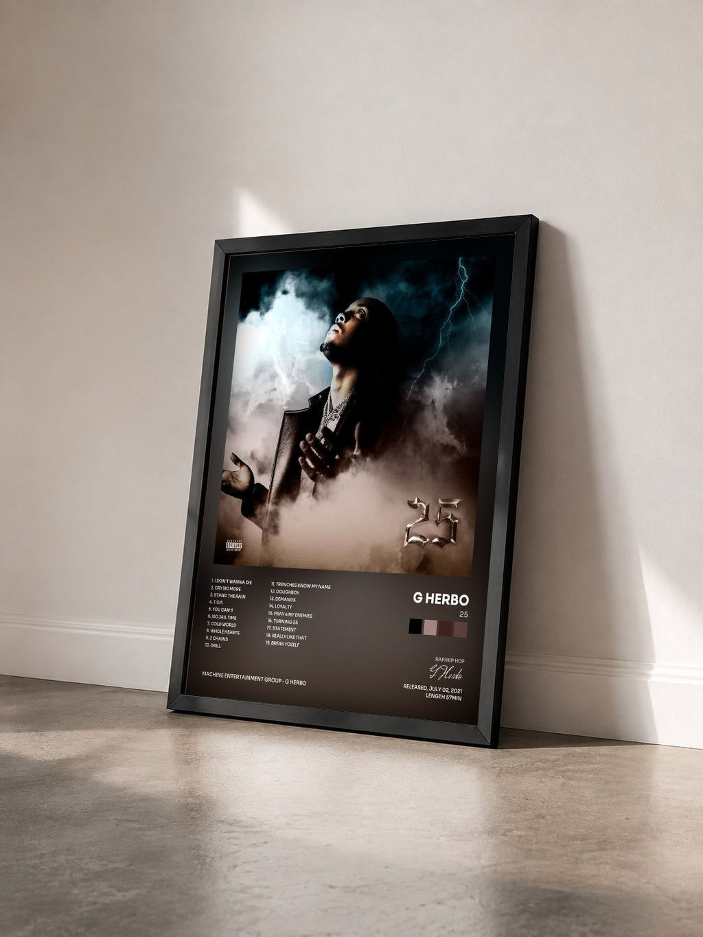 #noir Tableau de l'album 25 de G Herbo vu de trois quarts, cadre noir