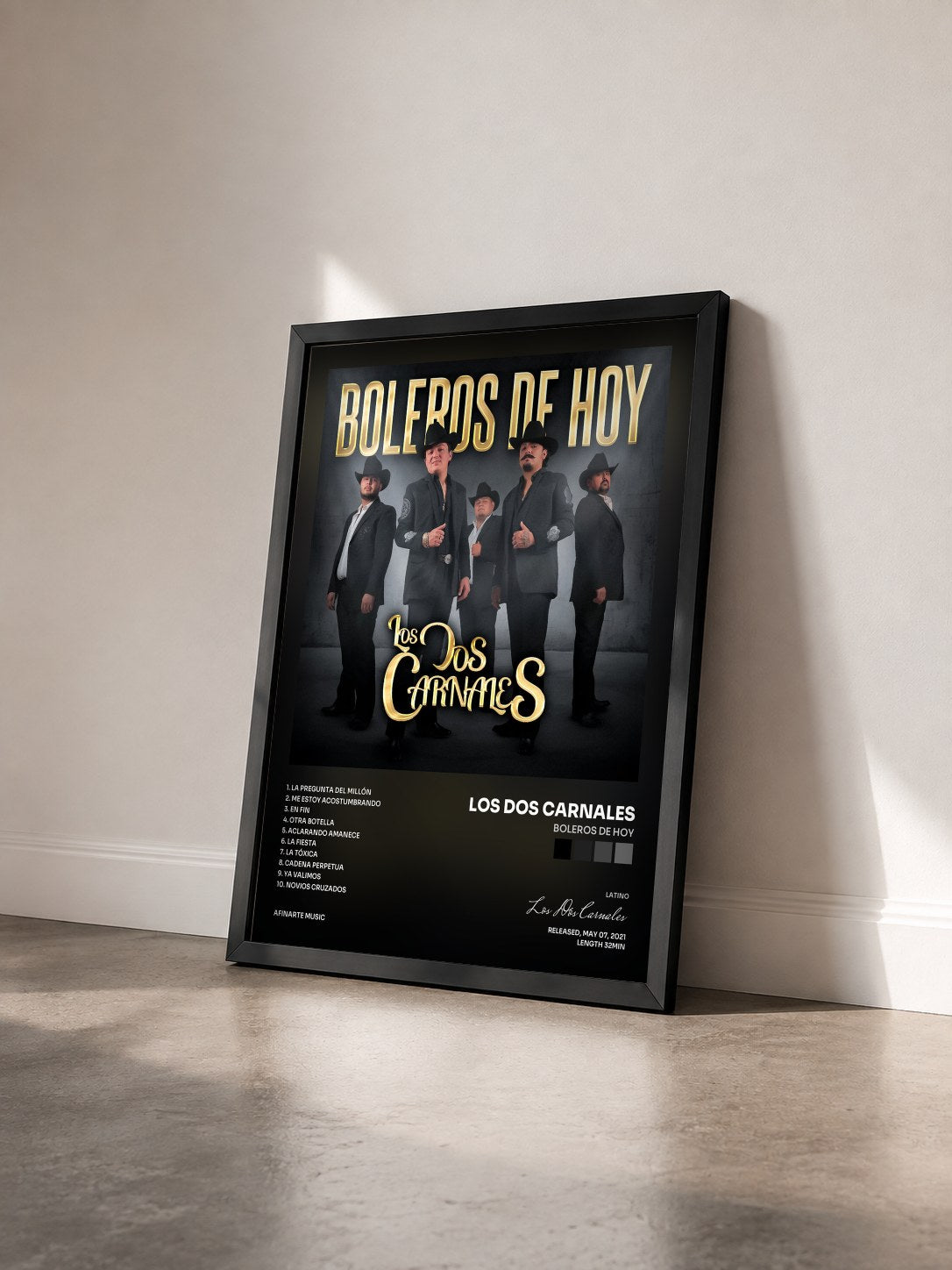 #noir Tableau de l'album Boleros de Hoy de Los Dos Carnales vu de trois quarts, cadre noir