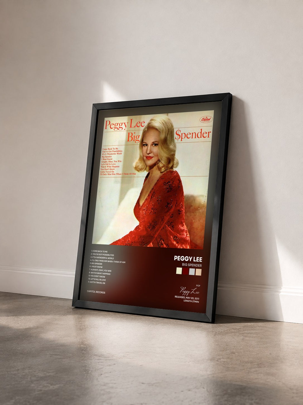#noir Tableau de l'album Big Spender de Peggy Lee vu de trois quarts, cadre noir