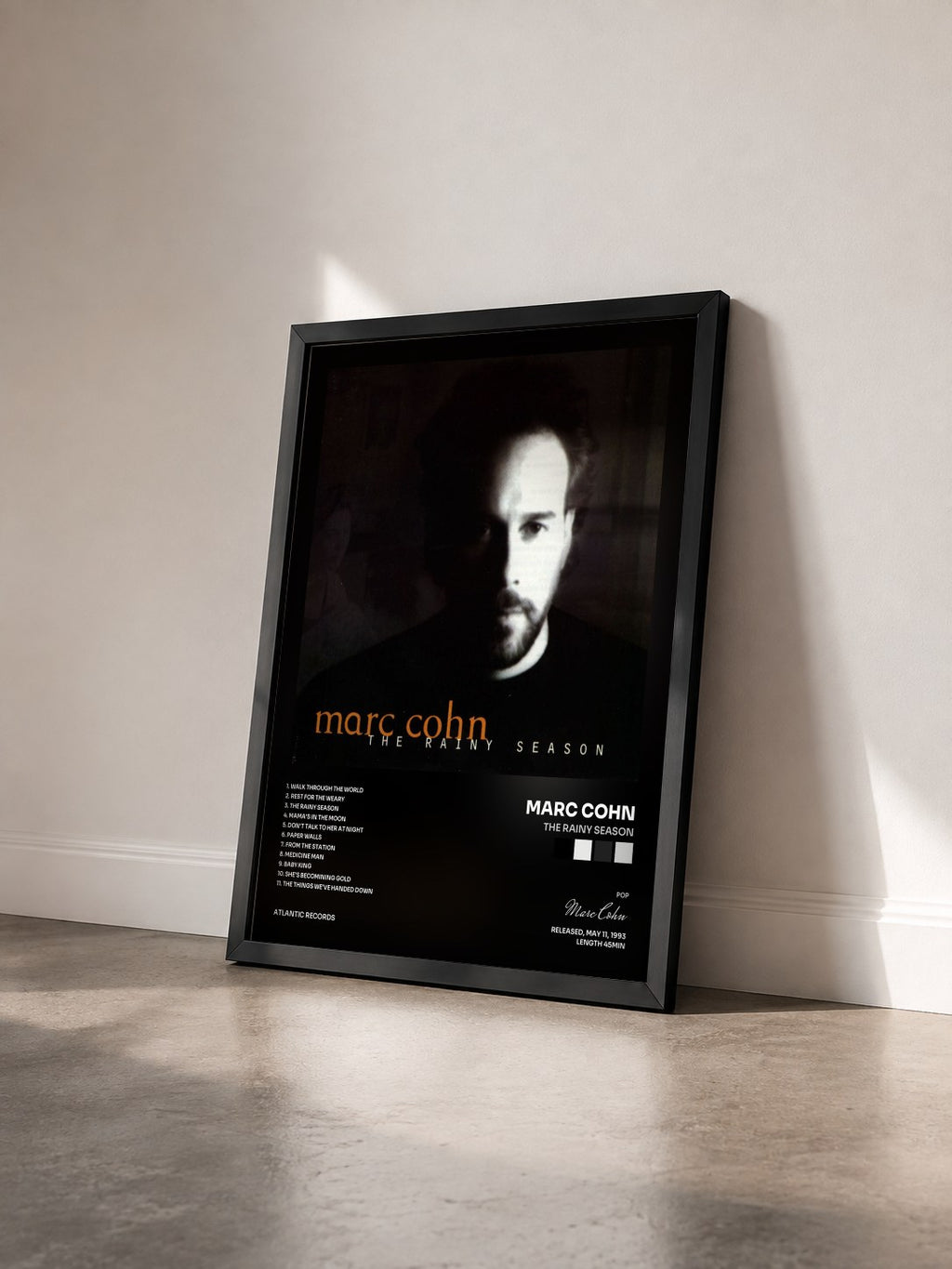 #noir Tableau de l'album The Rainy Season de Marc Cohn vu de trois quarts, cadre noir