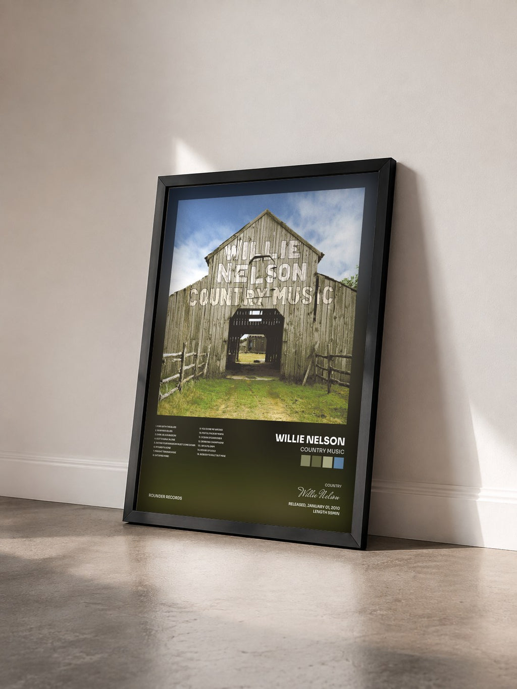 #noir Tableau de l'album Country Music de Willie Nelson vu de trois quarts, cadre noir