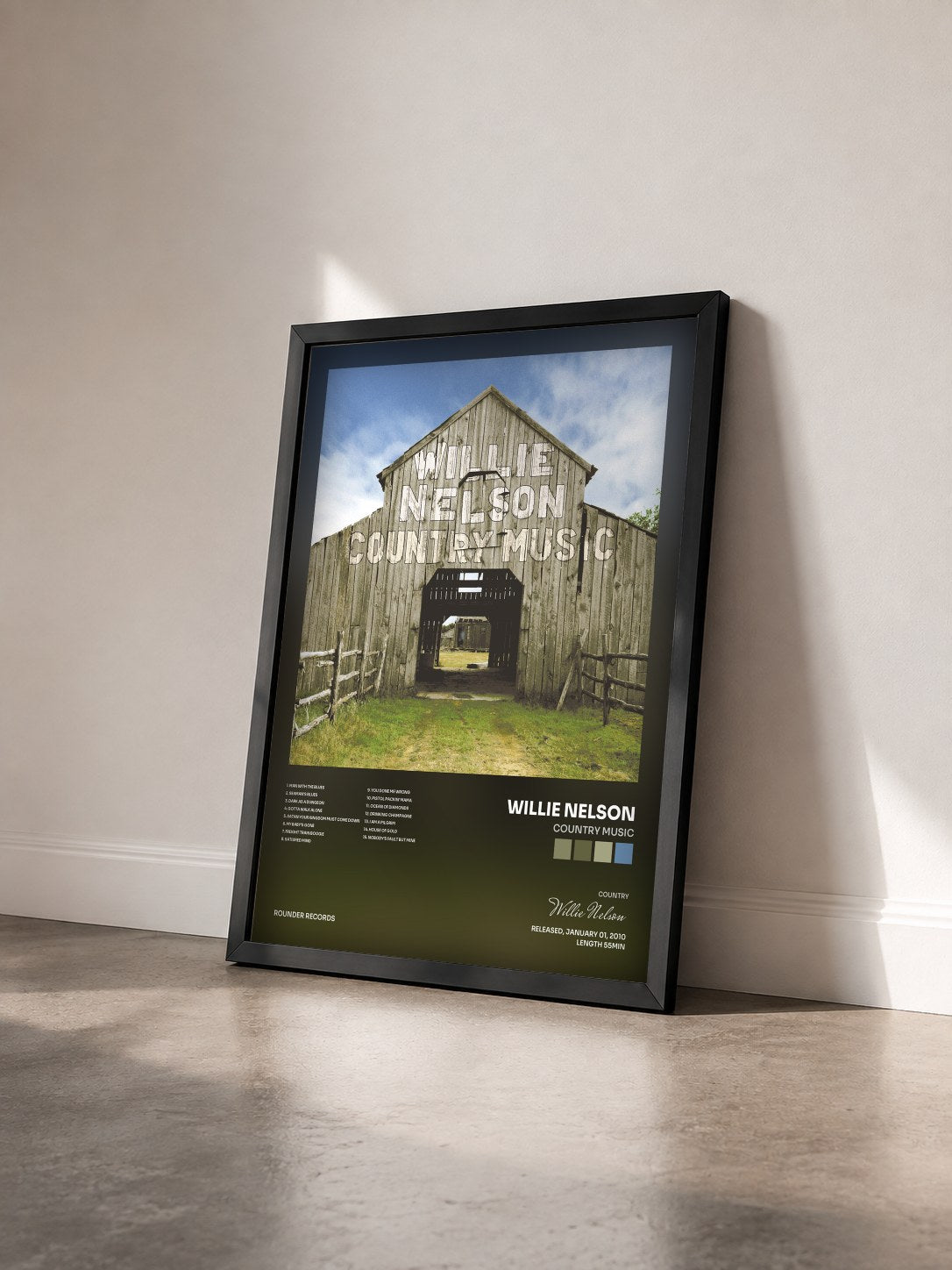 #noir Tableau de l'album Country Music de Willie Nelson vu de trois quarts, cadre noir