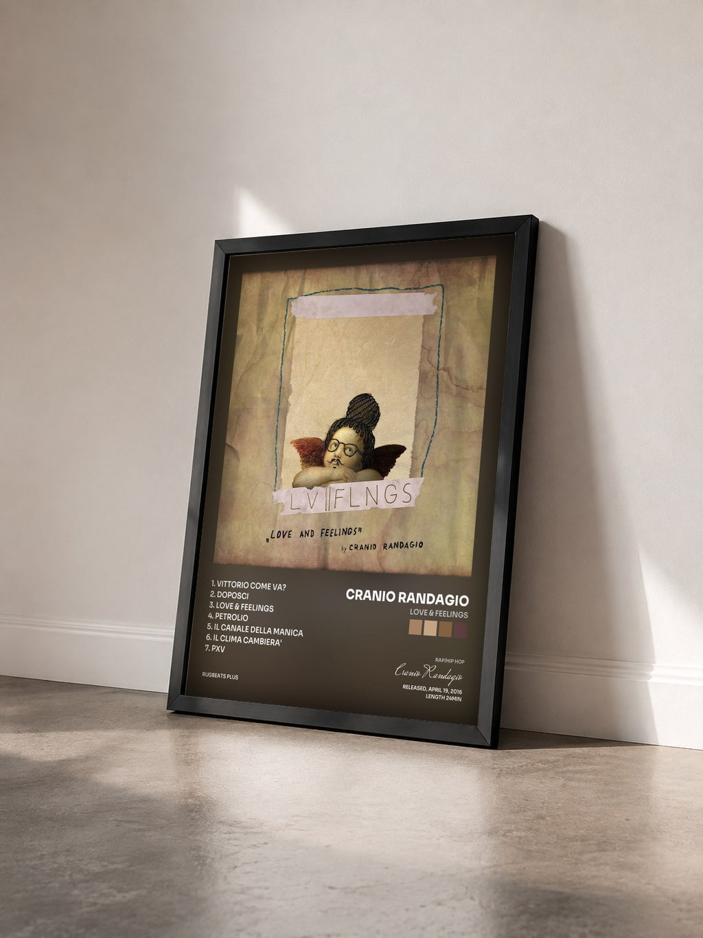 #noir Tableau de l'album Love & Feelings de Cranio Randagio vu de trois quarts, cadre noir