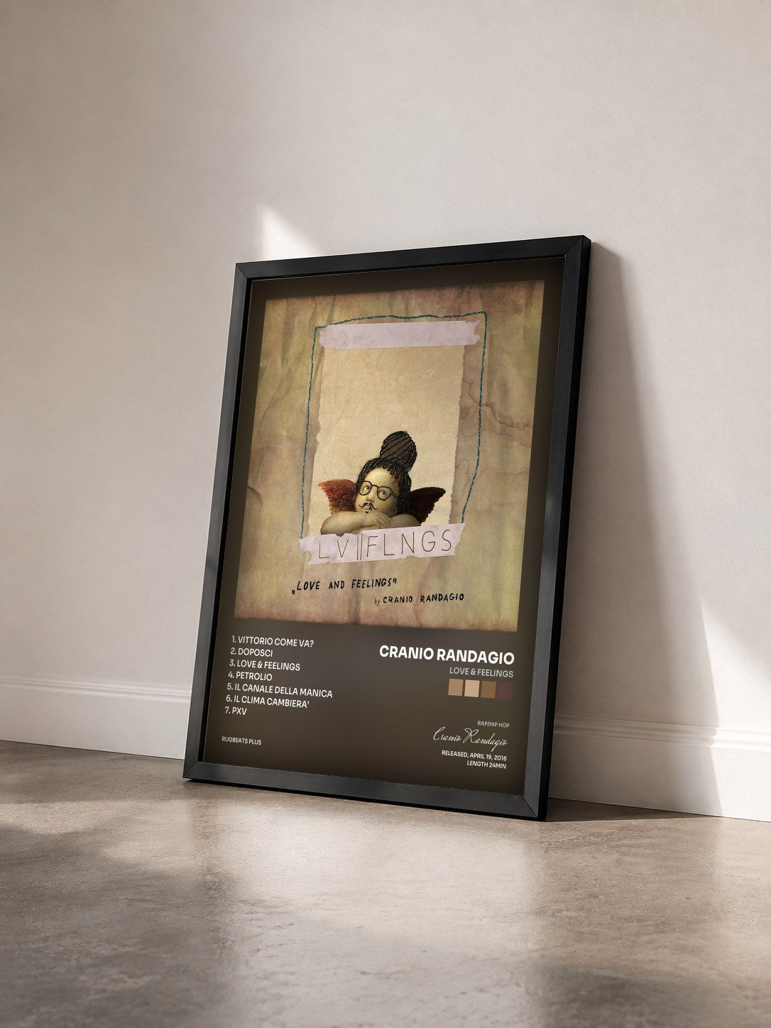 #noir Tableau de l'album Love & Feelings de Cranio Randagio vu de trois quarts, cadre noir