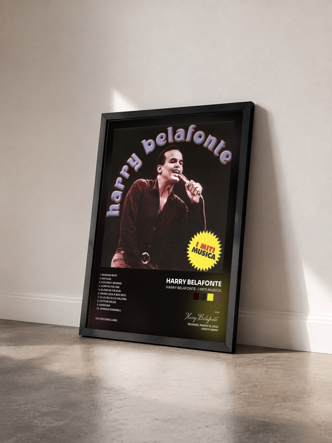 #noir Tableau de l'album Harry Belafonte - I Miti Musica de Harry Belafonte vu de trois quarts, cadre noir