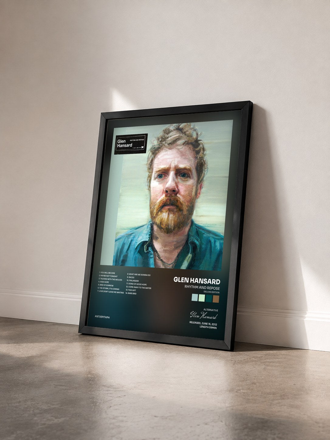 #noir Tableau de l'album Rhythm And Repose (Deluxe Edition) de Glen Hansard vu de trois quarts, cadre noir