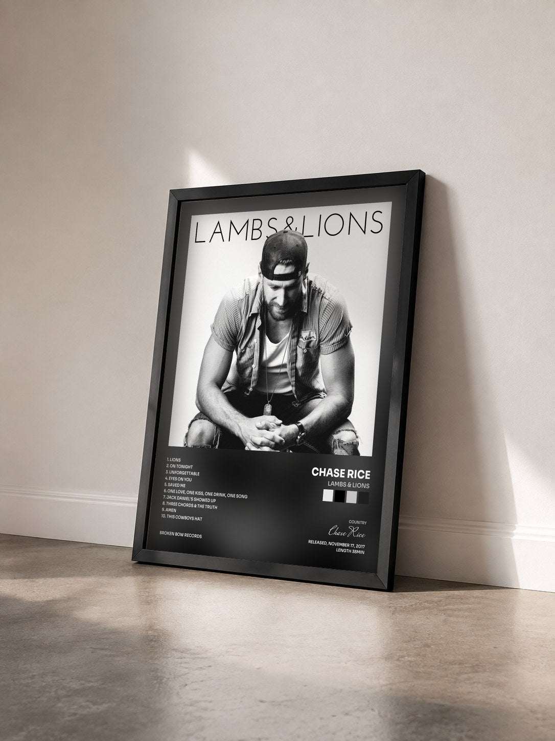 #noir Tableau de l'album Lambs & Lions de Chase Rice vu de trois quarts, cadre noir