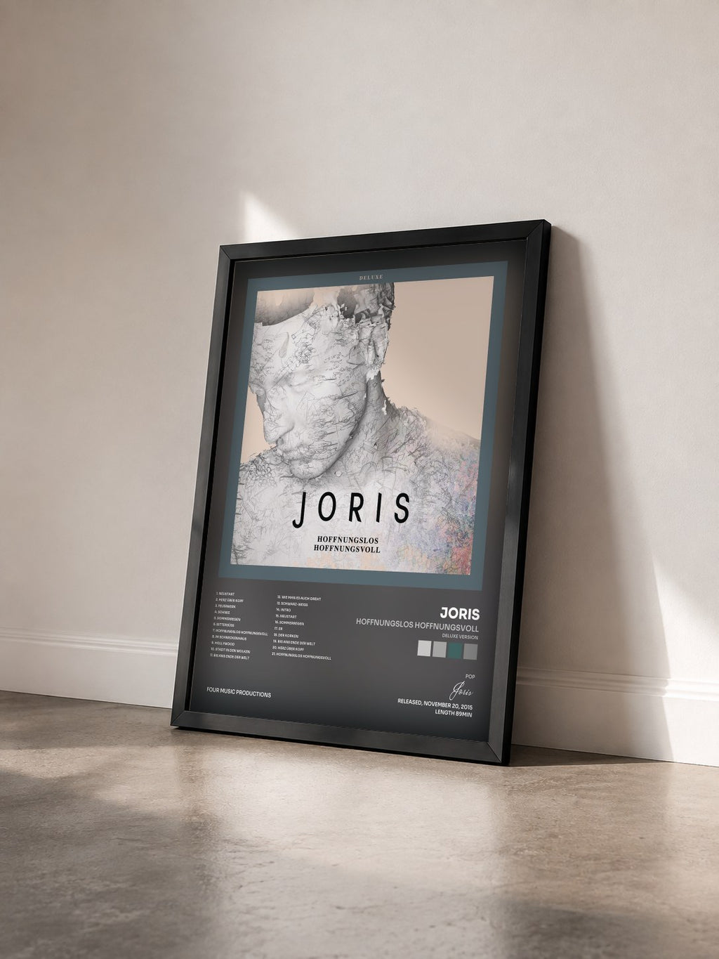 #noir Tableau de l'album Hoffnungslos Hoffnungsvoll (Deluxe Version) de Joris vu de trois quarts, cadre noir
