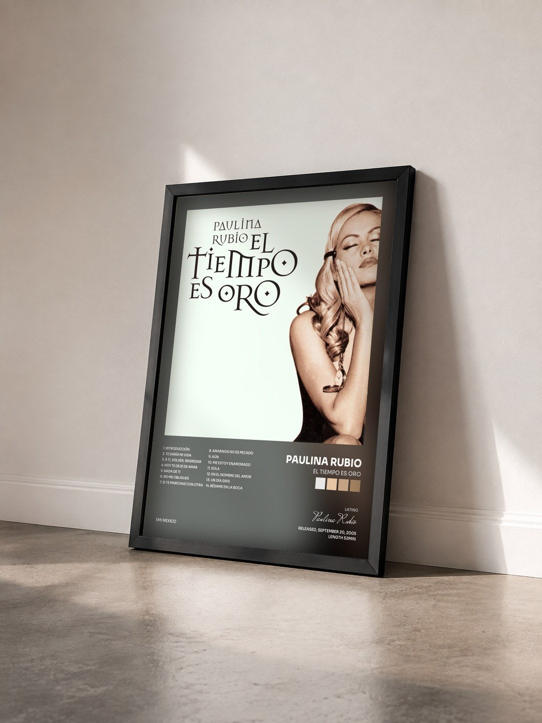 #noir Tableau de l'album El Tiempo Es Oro de Paulina Rubio vu de trois quarts, cadre noir