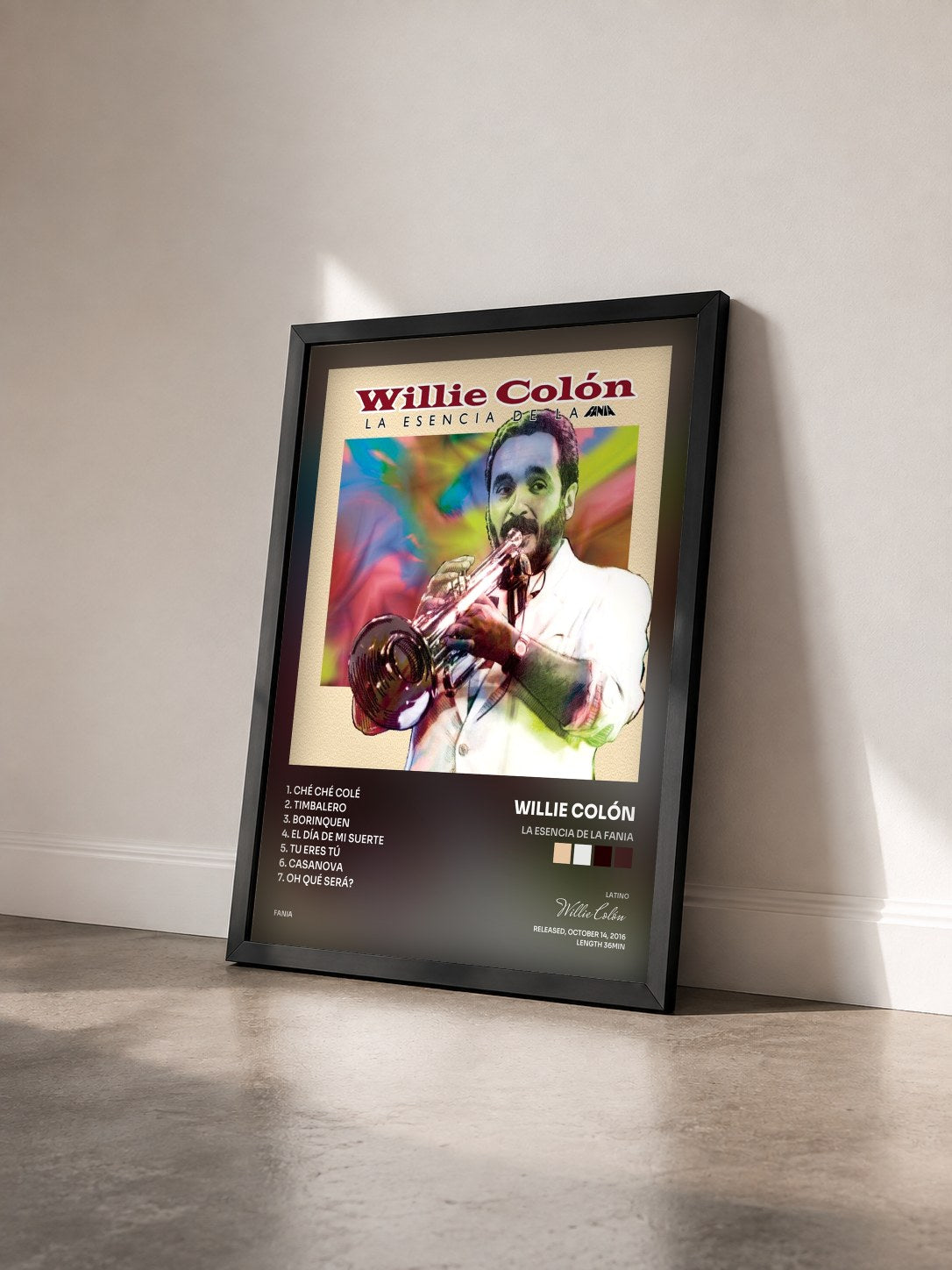 #noir Tableau de l'album La Esencia De La Fania de Willie Colón vu de trois quarts, cadre noir