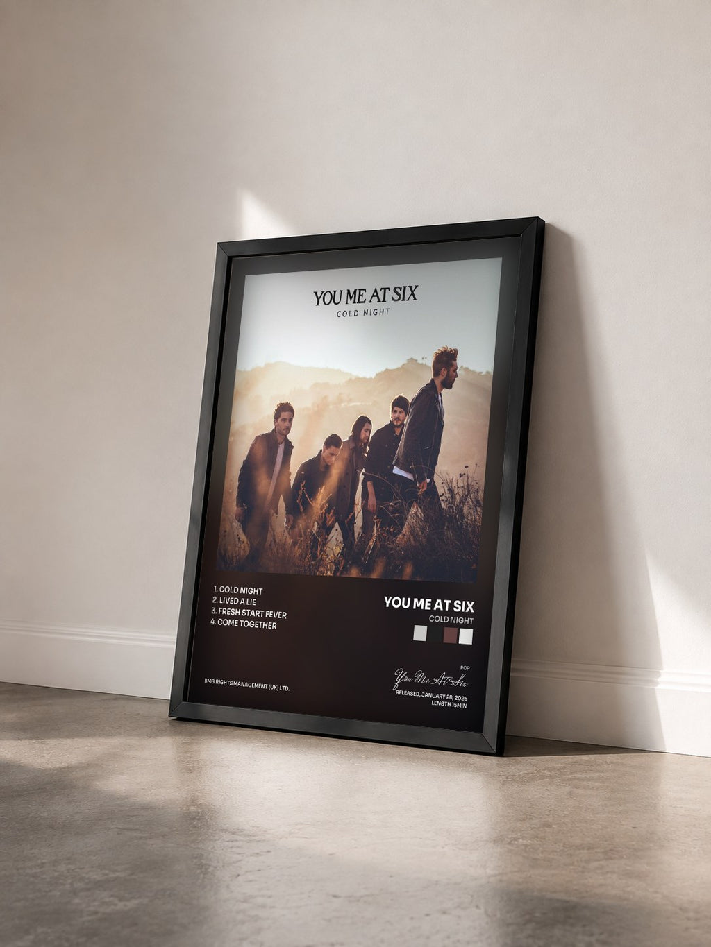 #noir Tableau de l'album Cold Night de You Me At Six vu de trois quarts, cadre noir