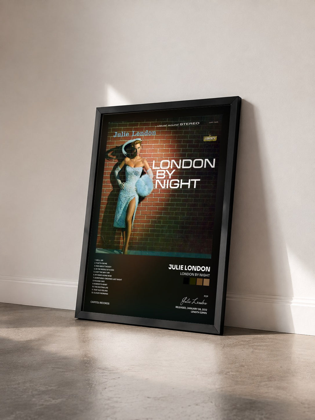 #noir Tableau de l'album London By Night de Julie London vu de trois quarts, cadre noir