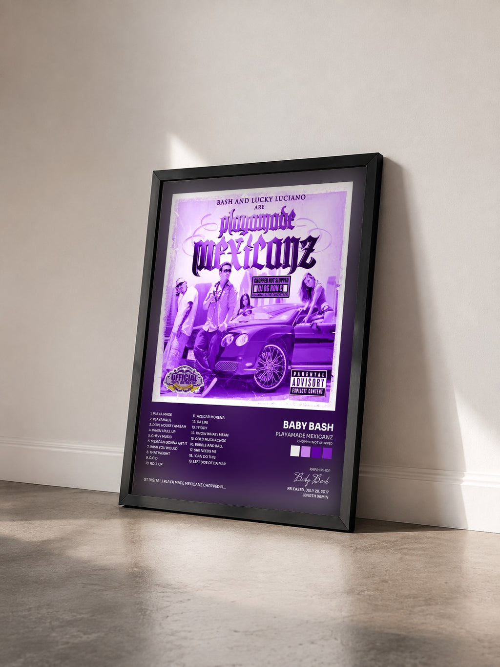 #noir Tableau de l'album Playamade Mexicanz (Chopped Not Slopped) de Baby Bash vu de trois quarts, cadre noir