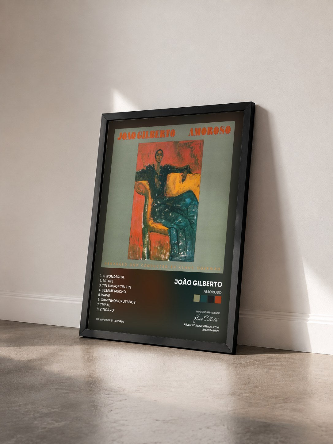 #noir Tableau de l'album Amoroso de João Gilberto vu de trois quarts, cadre noir