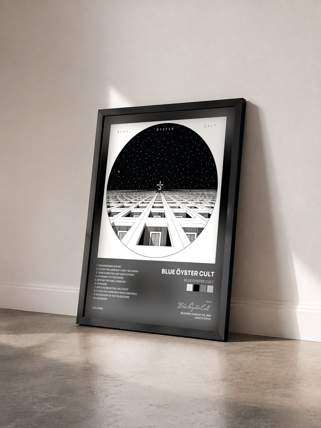 #noir Tableau de l'album Blue Oyster Cult de Blue Öyster Cult vu de trois quarts, cadre noir