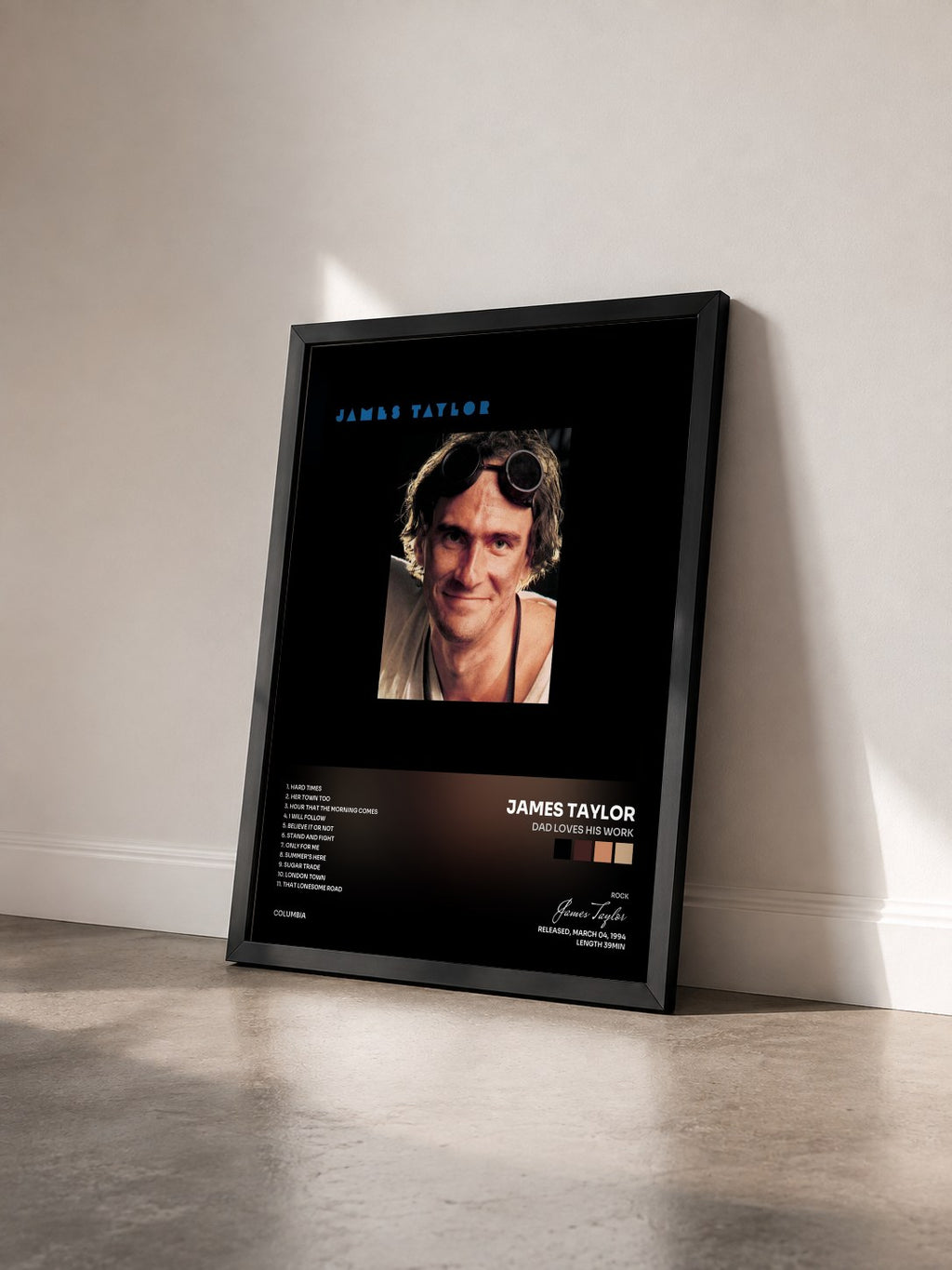 #noir Tableau de l'album Dad Loves His Work de James Taylor vu de trois quarts, cadre noir