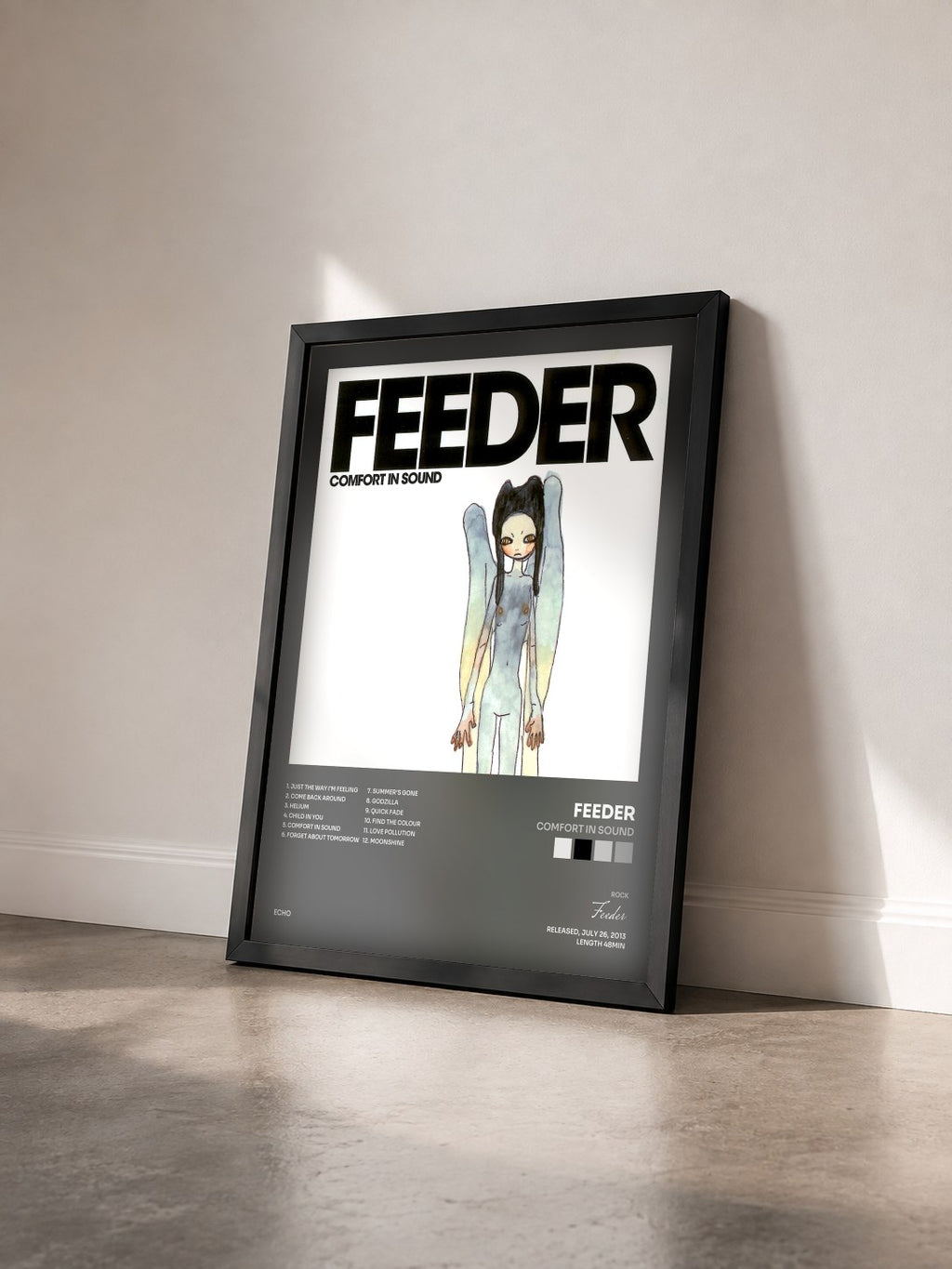 #noir Tableau de l'album Comfort in Sound de Feeder vu de trois quarts, cadre noir