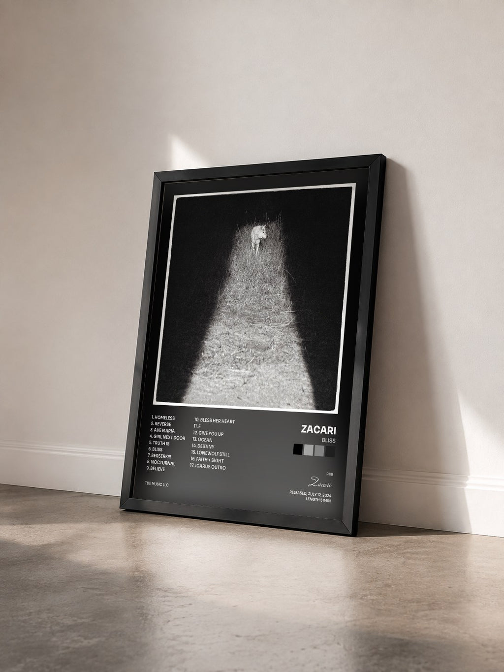 #noir Tableau de l'album Bliss de Zacari vu de trois quarts, cadre noir