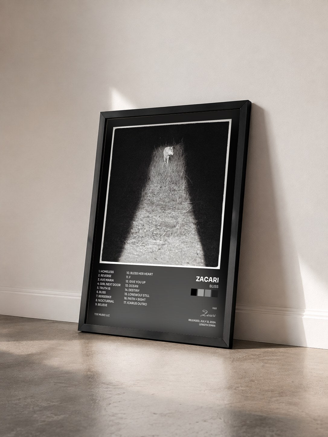 #noir Tableau de l'album Bliss de Zacari vu de trois quarts, cadre noir