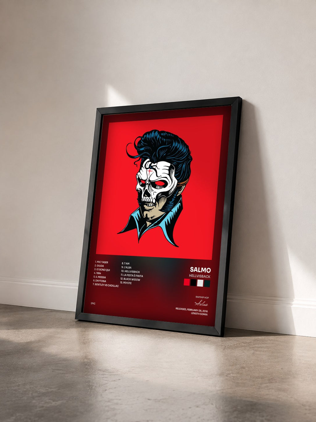 #noir Tableau de l'album Hellvisback de Salmo vu de trois quarts, cadre noir