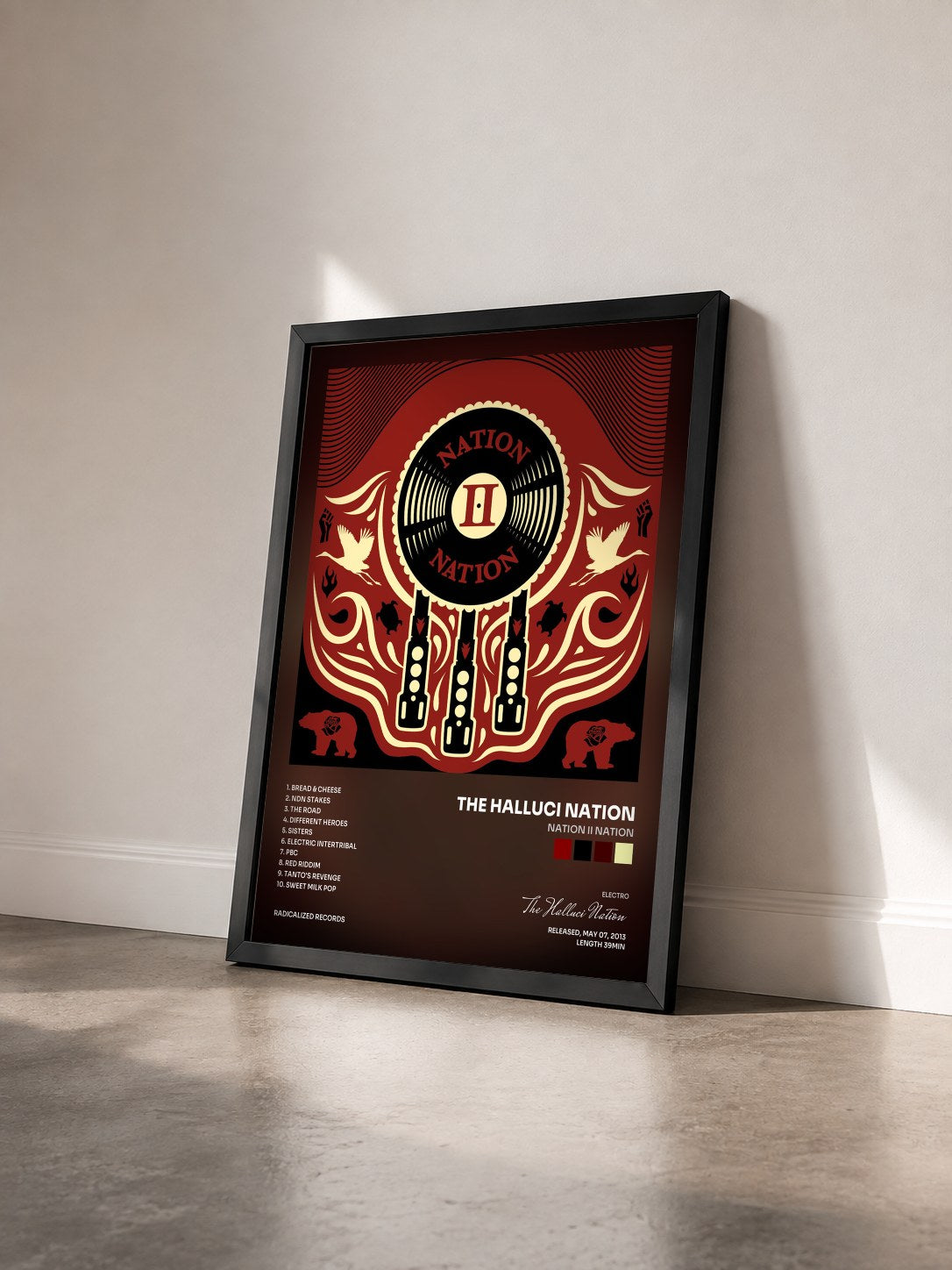 #noir Tableau de l'album Nation II Nation de The Halluci Nation vu de trois quarts, cadre noir