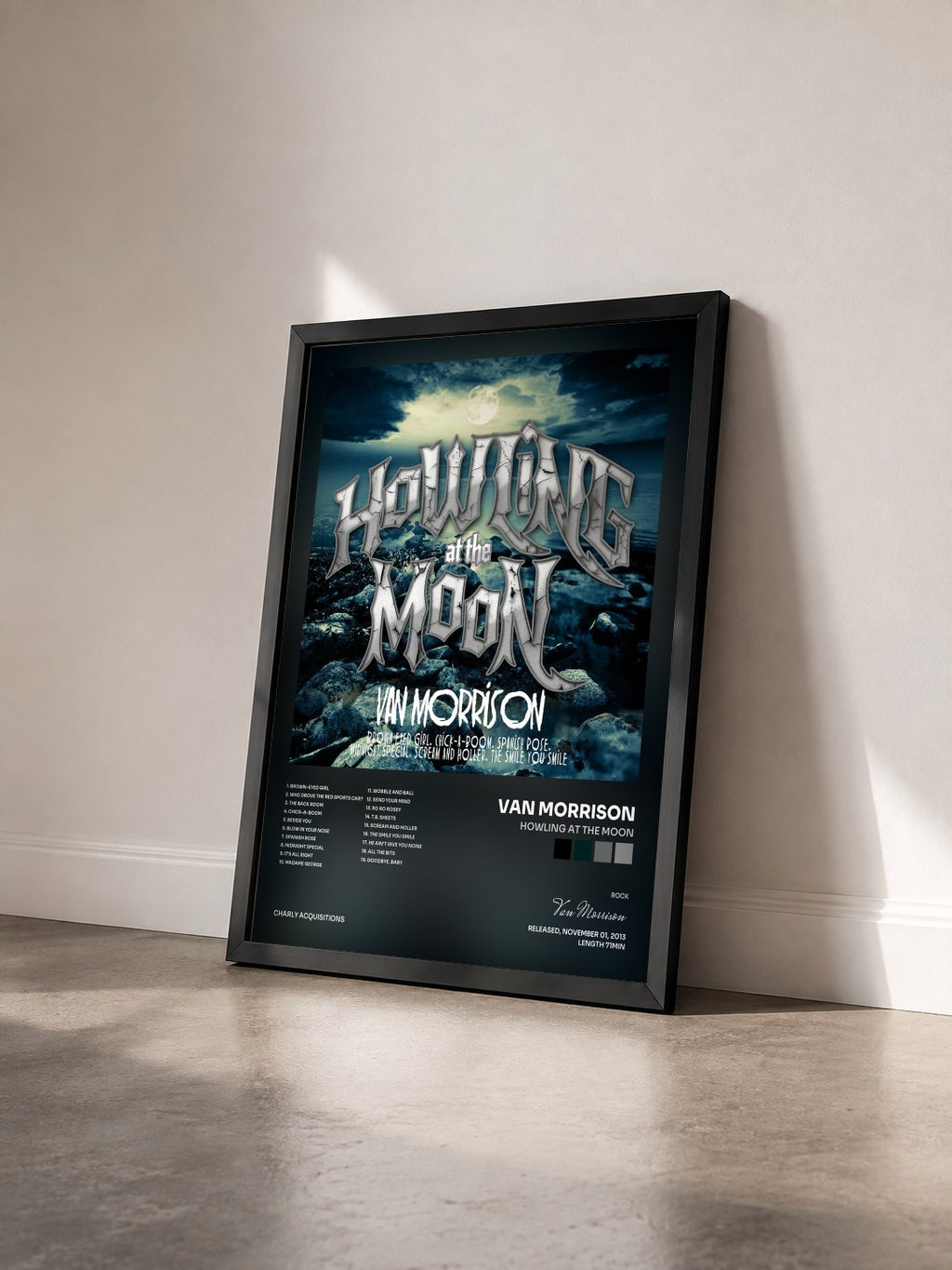 #noir Tableau de l'album Howling at the Moon de Van Morrison vu de trois quarts, cadre noir