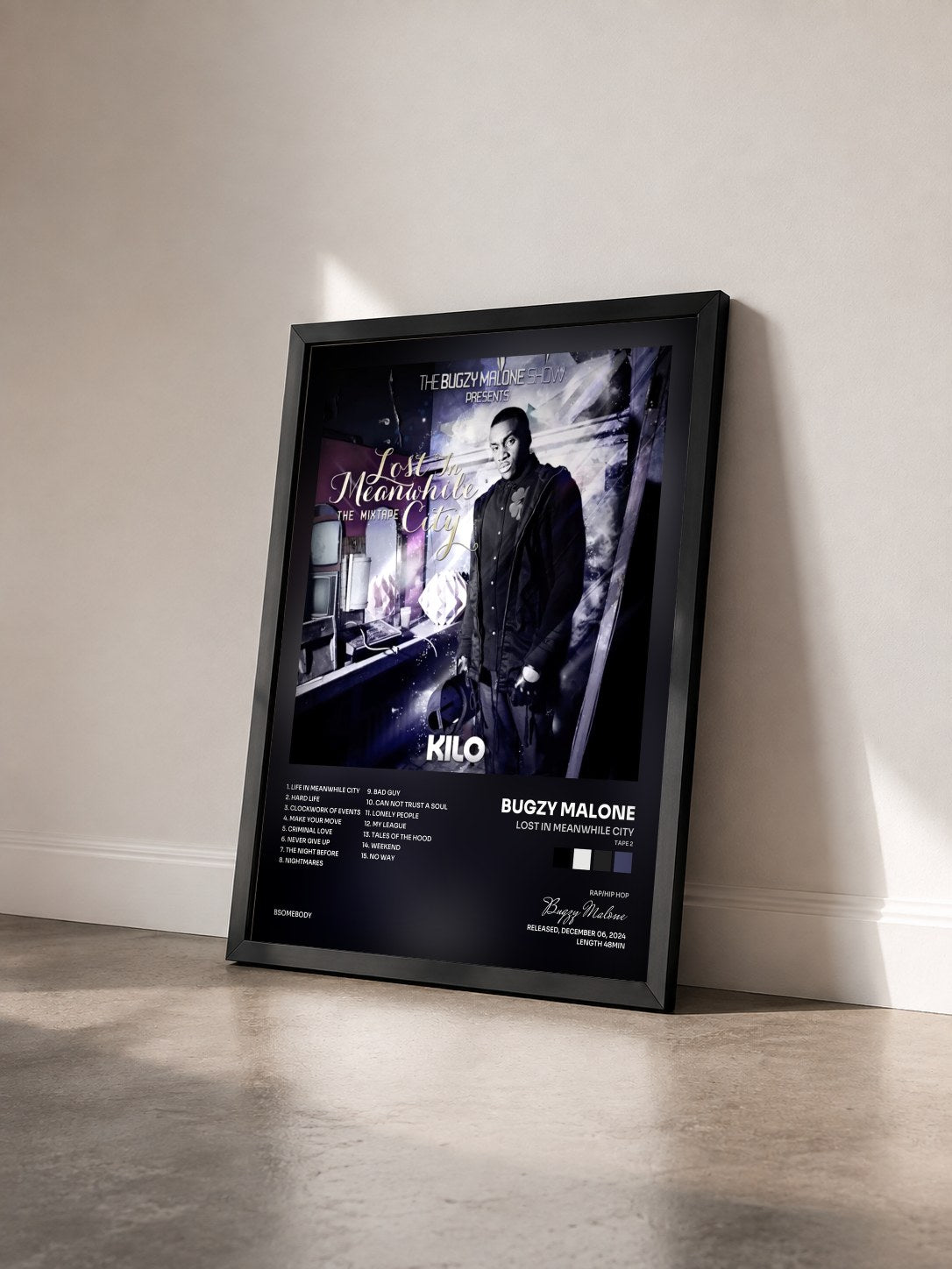 #noir Tableau de l'album Lost In Meanwhile City (Tape 2) de Bugzy Malone vu de trois quarts, cadre noir