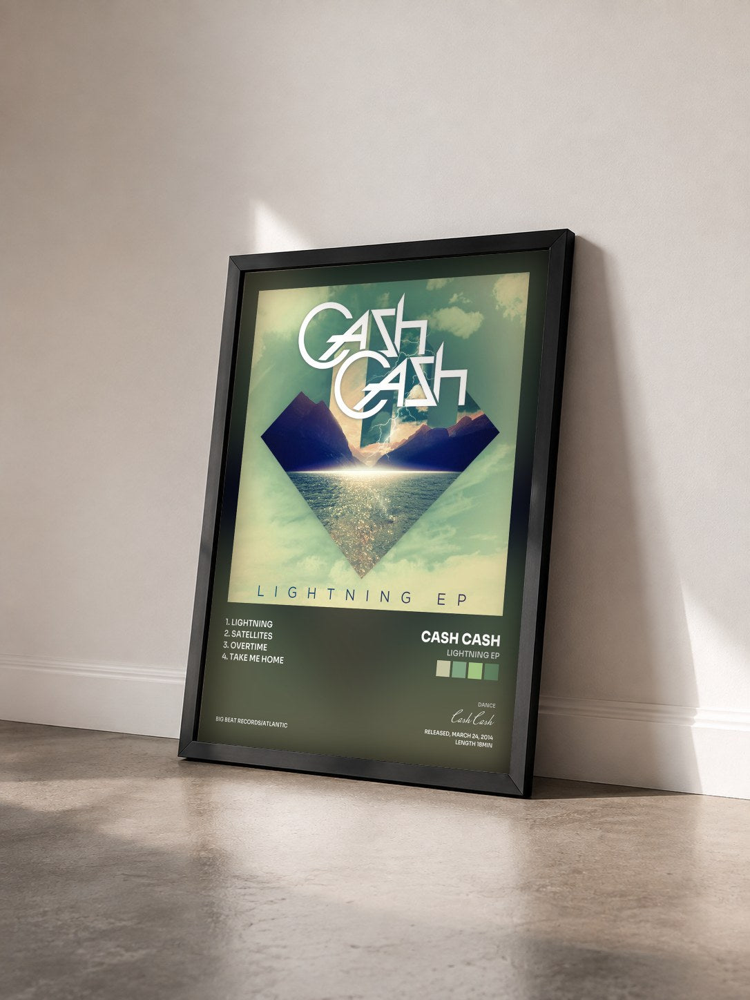#noir Tableau de l'album Lightning EP de Cash Cash vu de trois quarts, cadre noir