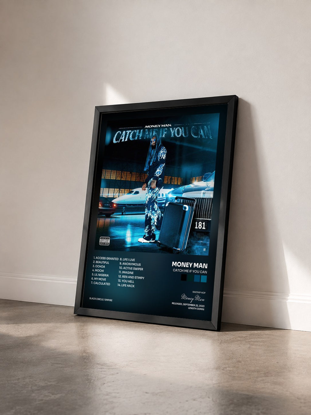 #noir Tableau de l'album Catch Me If You Can de Money Man vu de trois quarts, cadre noir