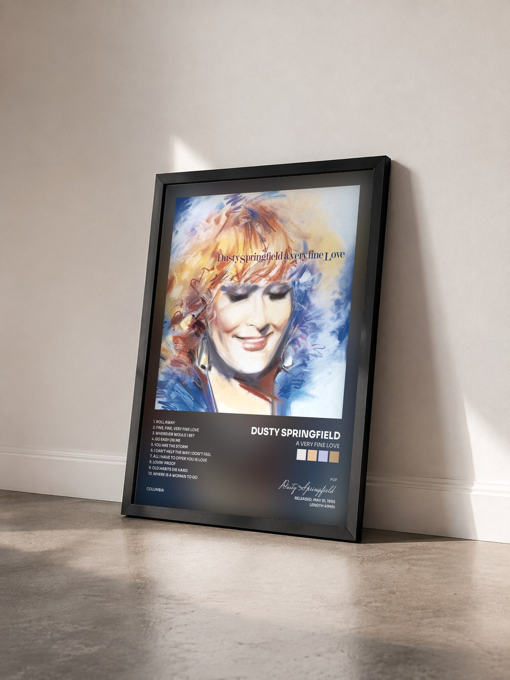 #noir Tableau de l'album A Very Fine Love de Dusty Springfield vu de trois quarts, cadre noir