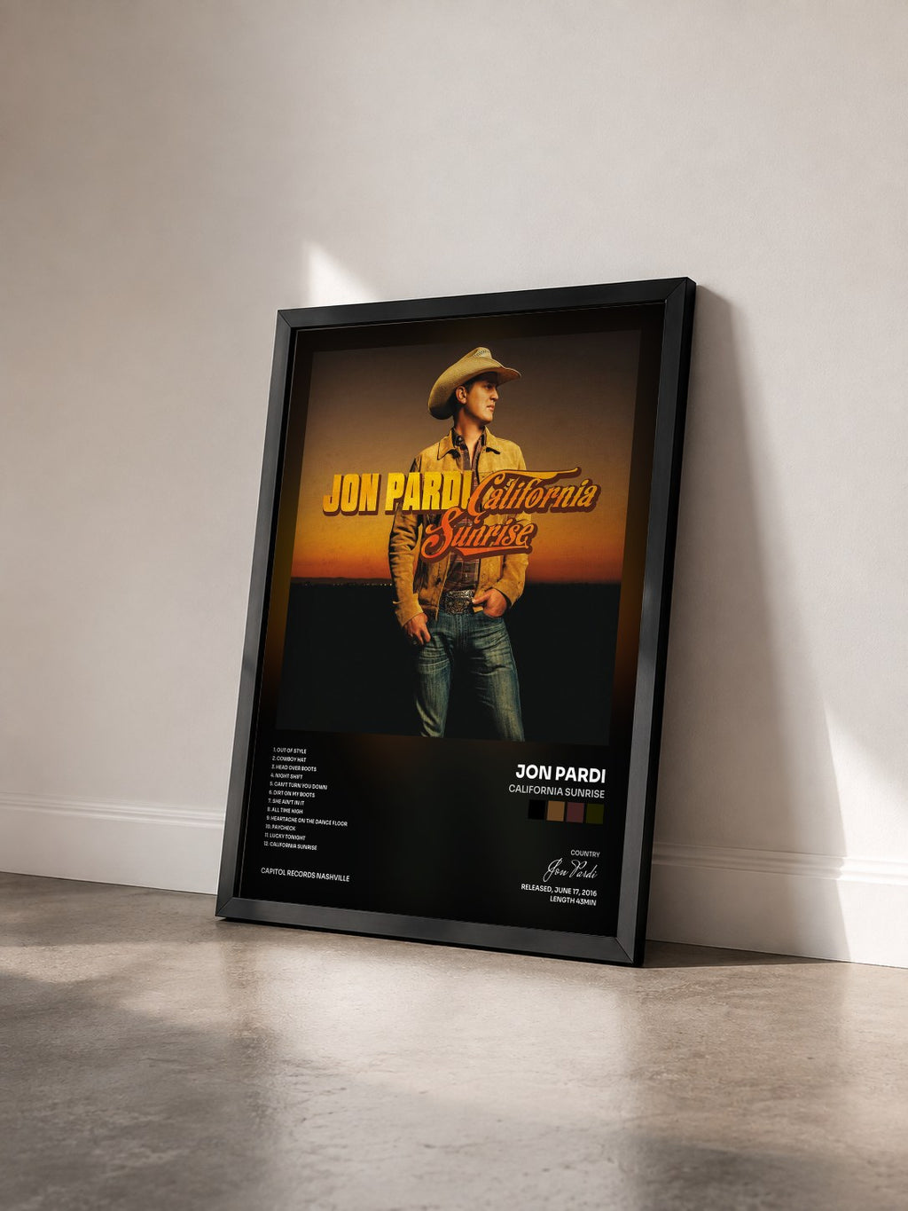 #noir Tableau de l'album California Sunrise de Jon Pardi vu de trois quarts, cadre noir