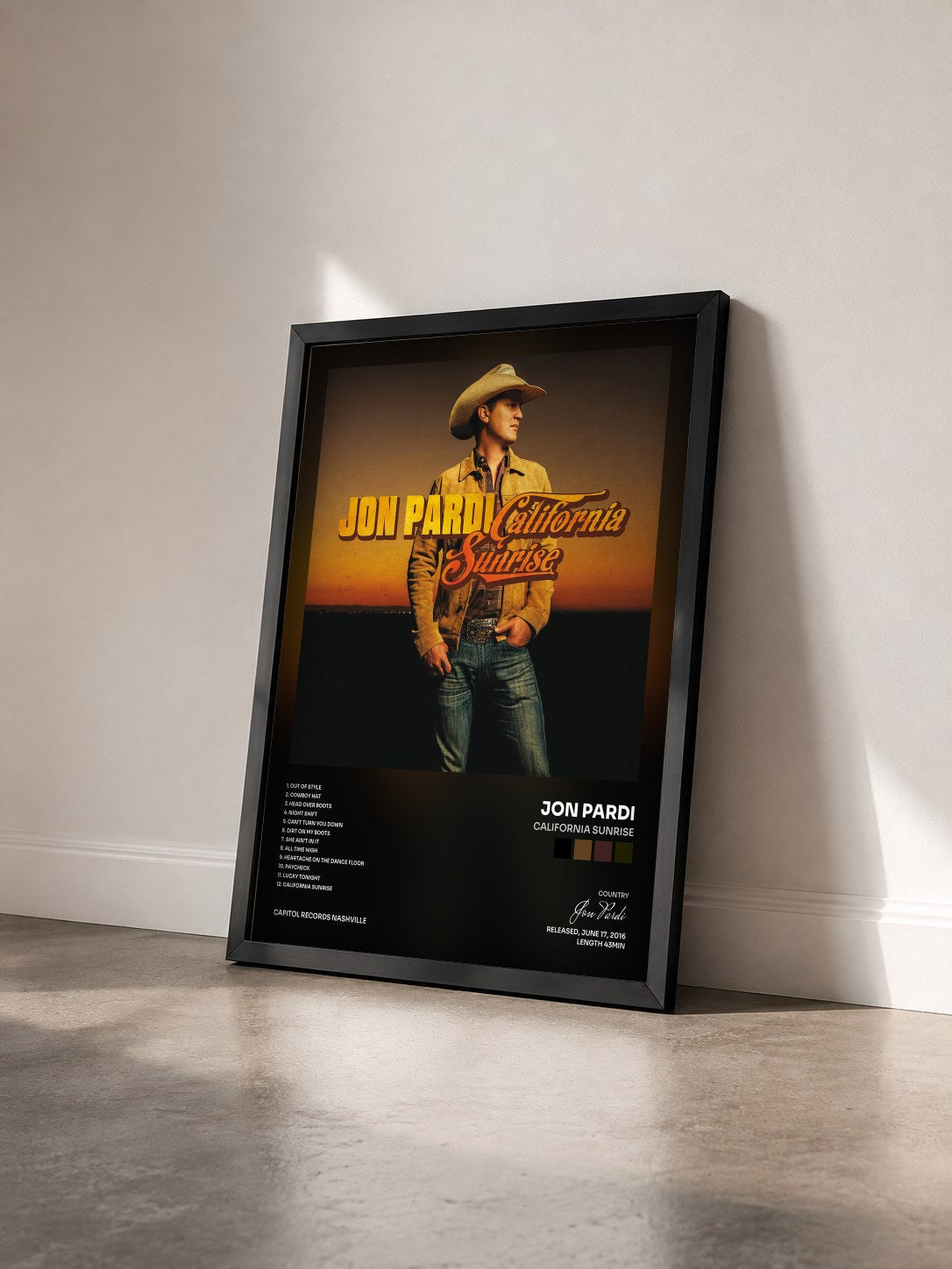 #noir Tableau de l'album California Sunrise de Jon Pardi vu de trois quarts, cadre noir