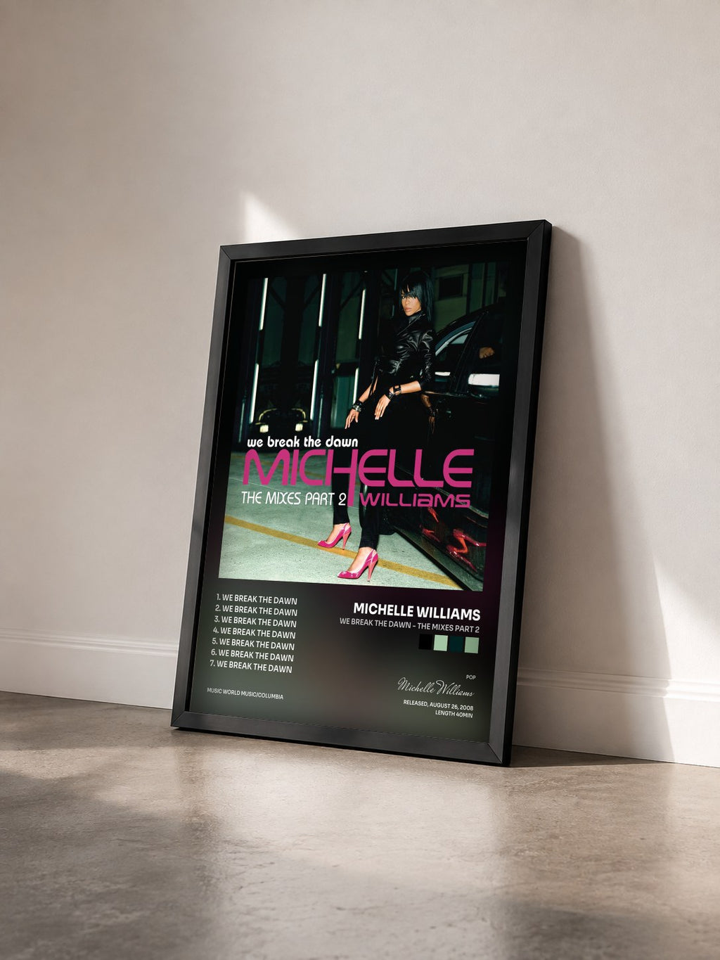 #noir Tableau de l'album We Break The Dawn - The Mixes Part 2 de Michelle Williams vu de trois quarts, cadre noir