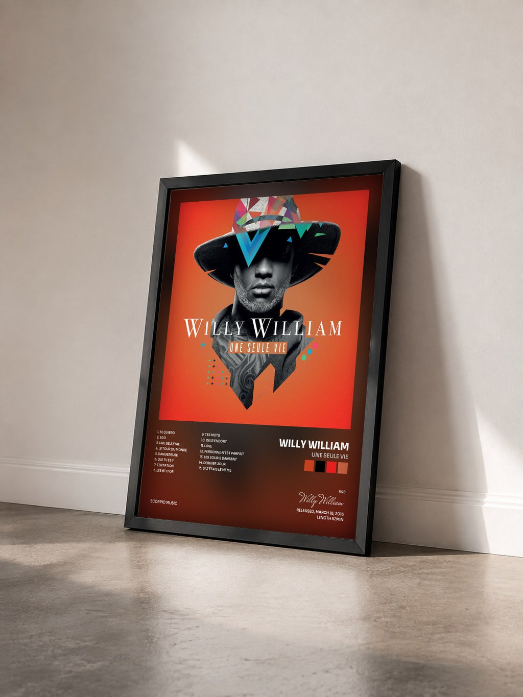 #noir Tableau de l'album Une seule vie de Willy William vu de trois quarts, cadre noir
