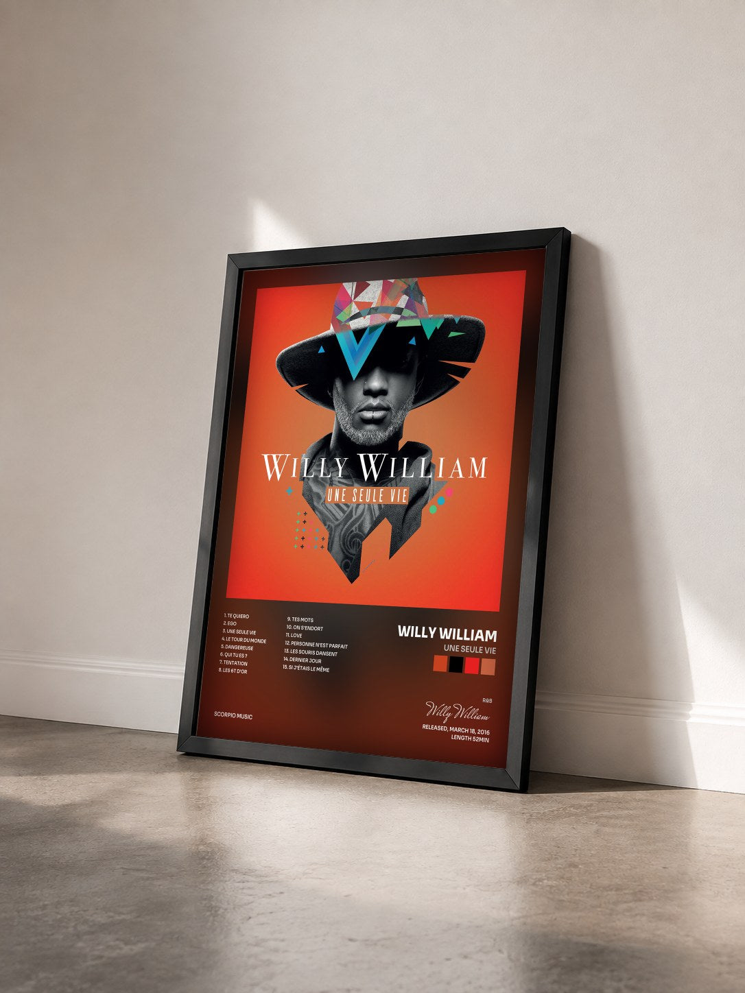 #noir Tableau de l'album Une seule vie de Willy William vu de trois quarts, cadre noir