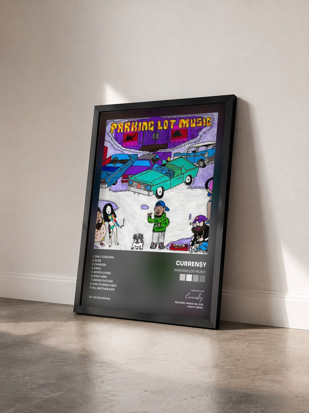 #noir Tableau de l'album Parking Lot Music de Curren$y vu de trois quarts, cadre noir