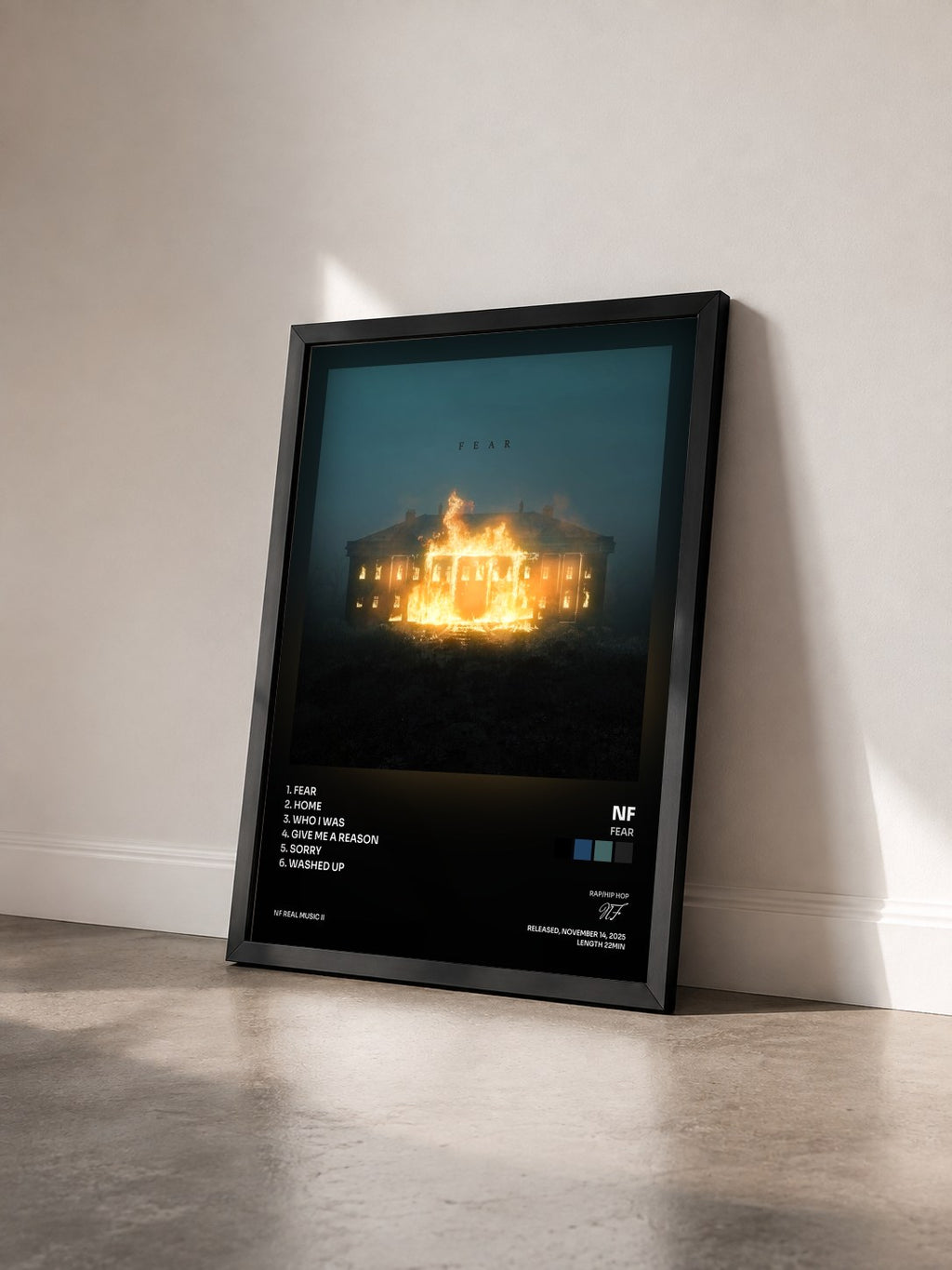 #noir Tableau de l'album FEAR de NF vu de trois quarts, cadre noir
