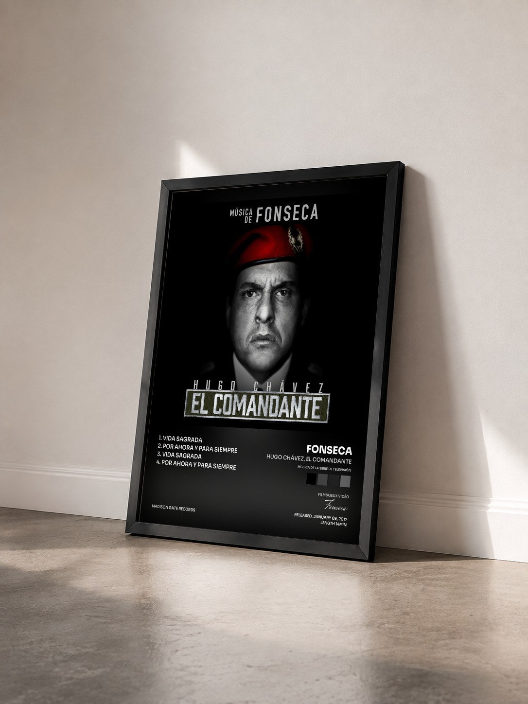 #noir Tableau de l'album Hugo Chávez, El Comandante (Música de la Serie de Televisión) de Fonseca vu de trois quarts, cadre noir