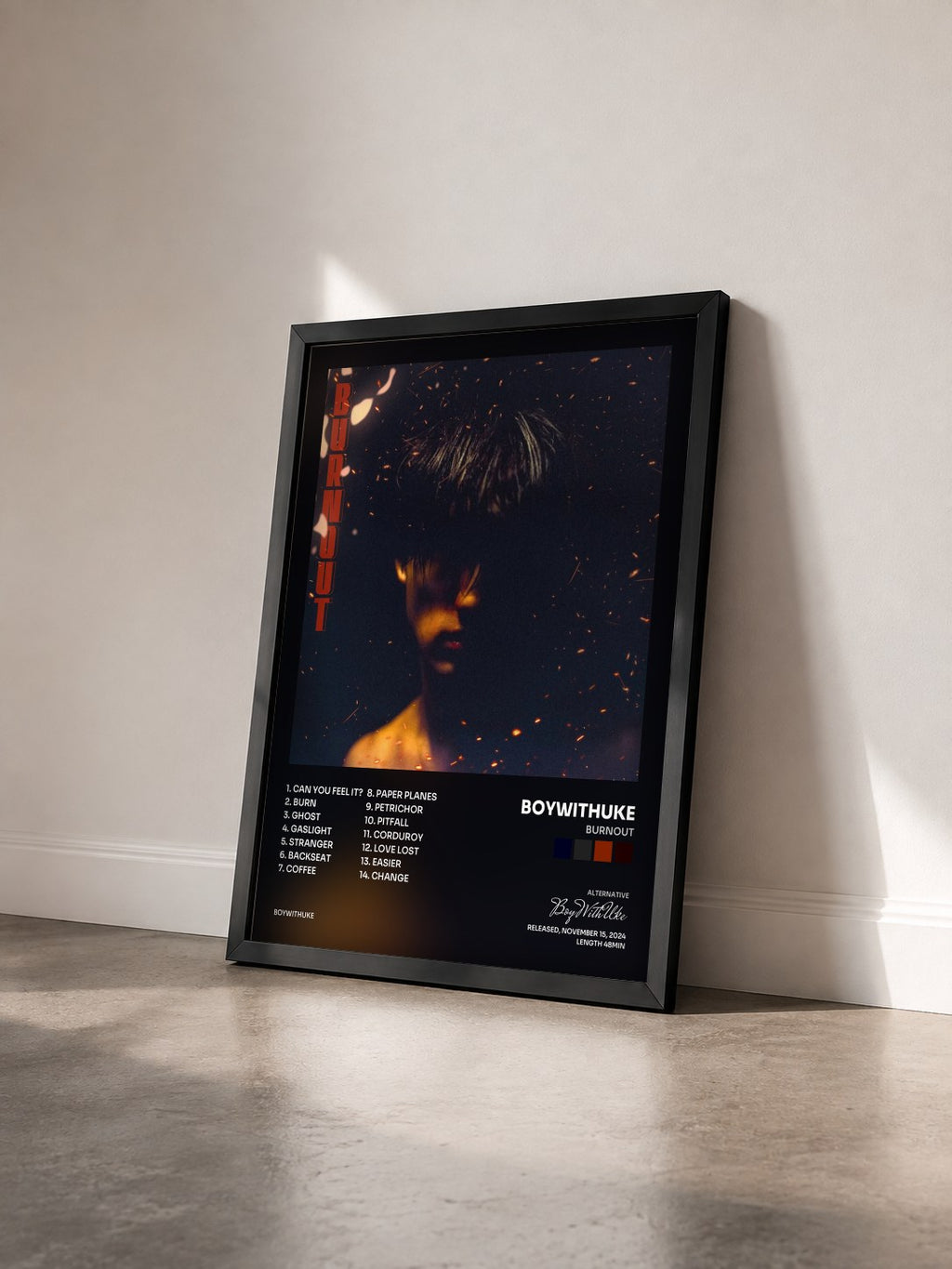 #noir Tableau de l'album Burnout de BoyWithUke vu de trois quarts, cadre noir