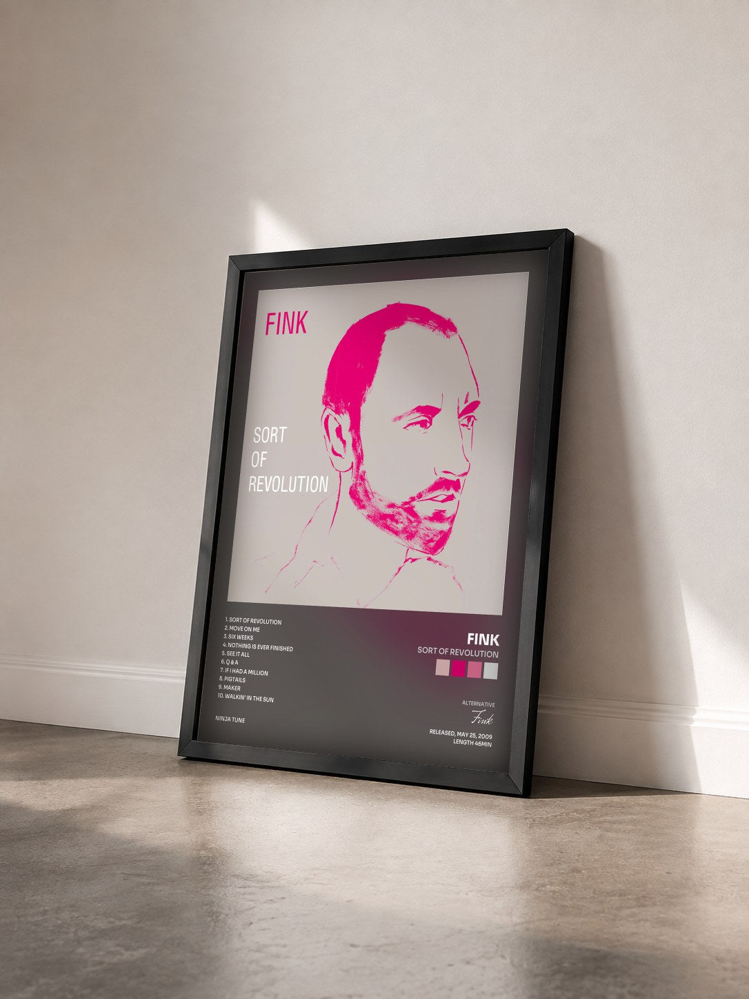 #noir Tableau de l'album Sort of Revolution de Fink vu de trois quarts, cadre noir