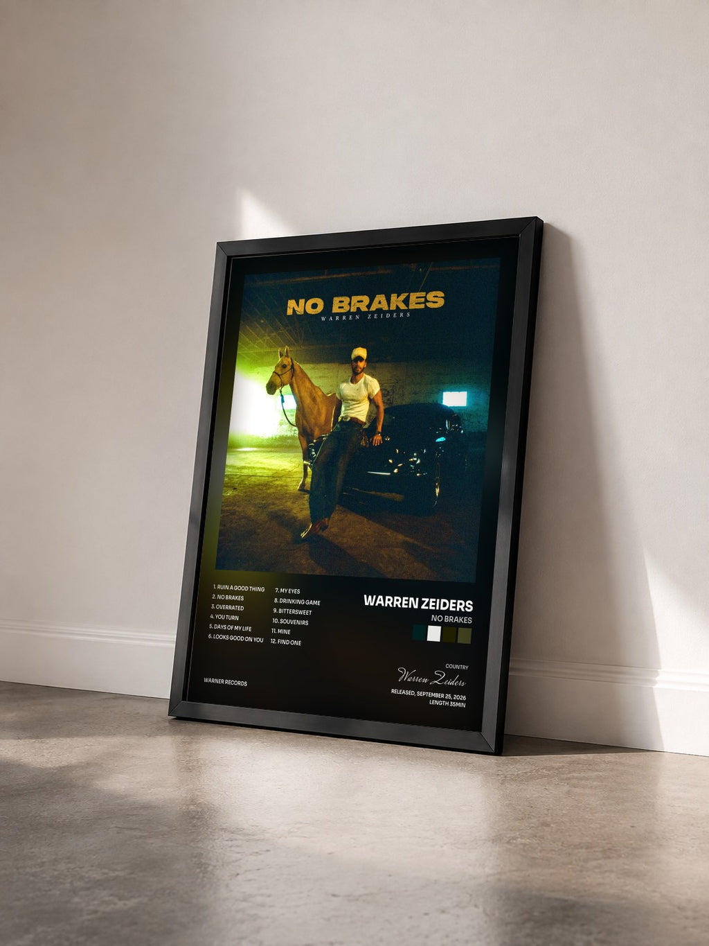 #noir Tableau de l'album No Brakes de Warren Zeiders vu de trois quarts, cadre noir