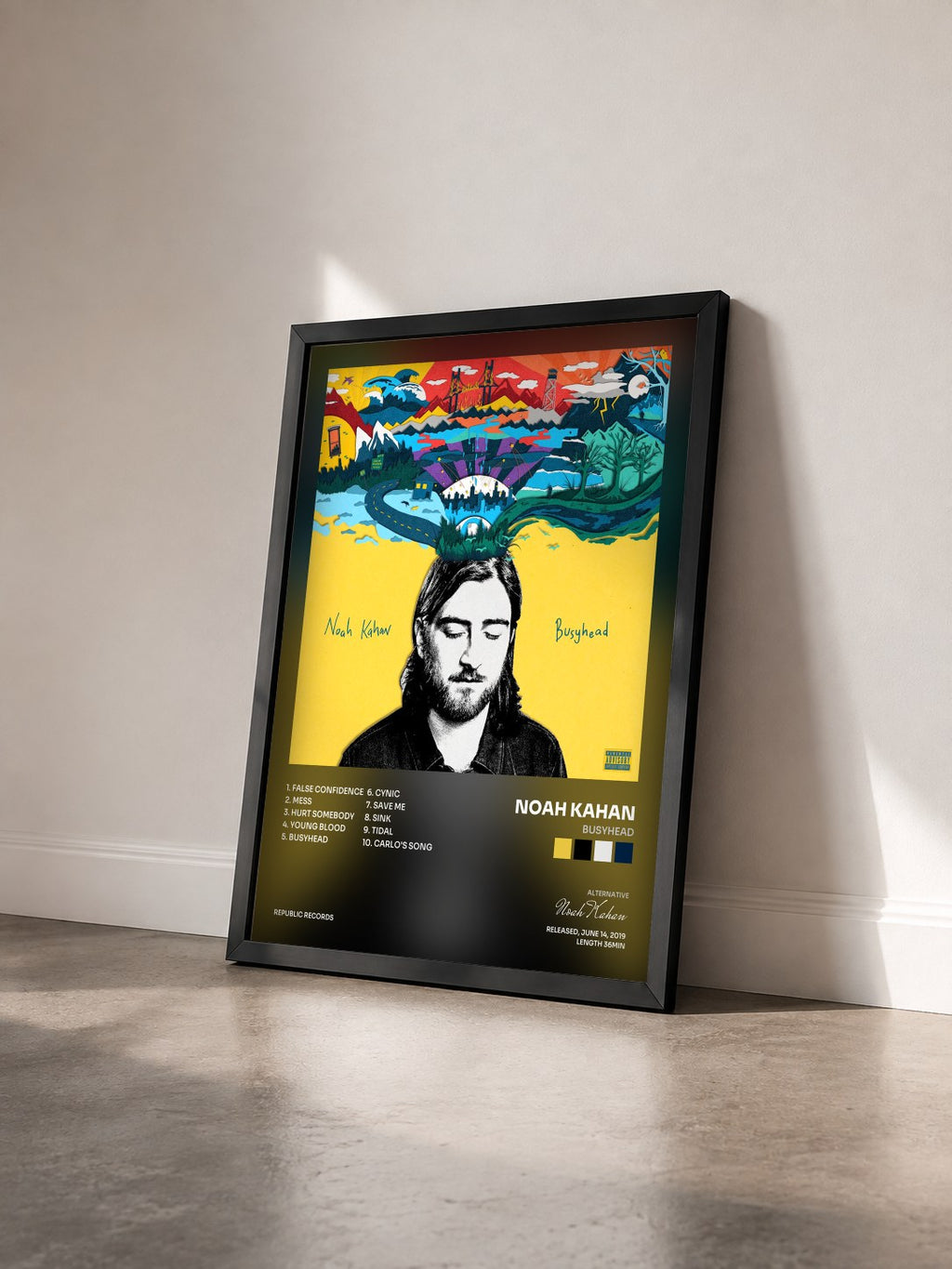 #noir Tableau de l'album Busyhead de Noah Kahan vu de trois quarts, cadre noir