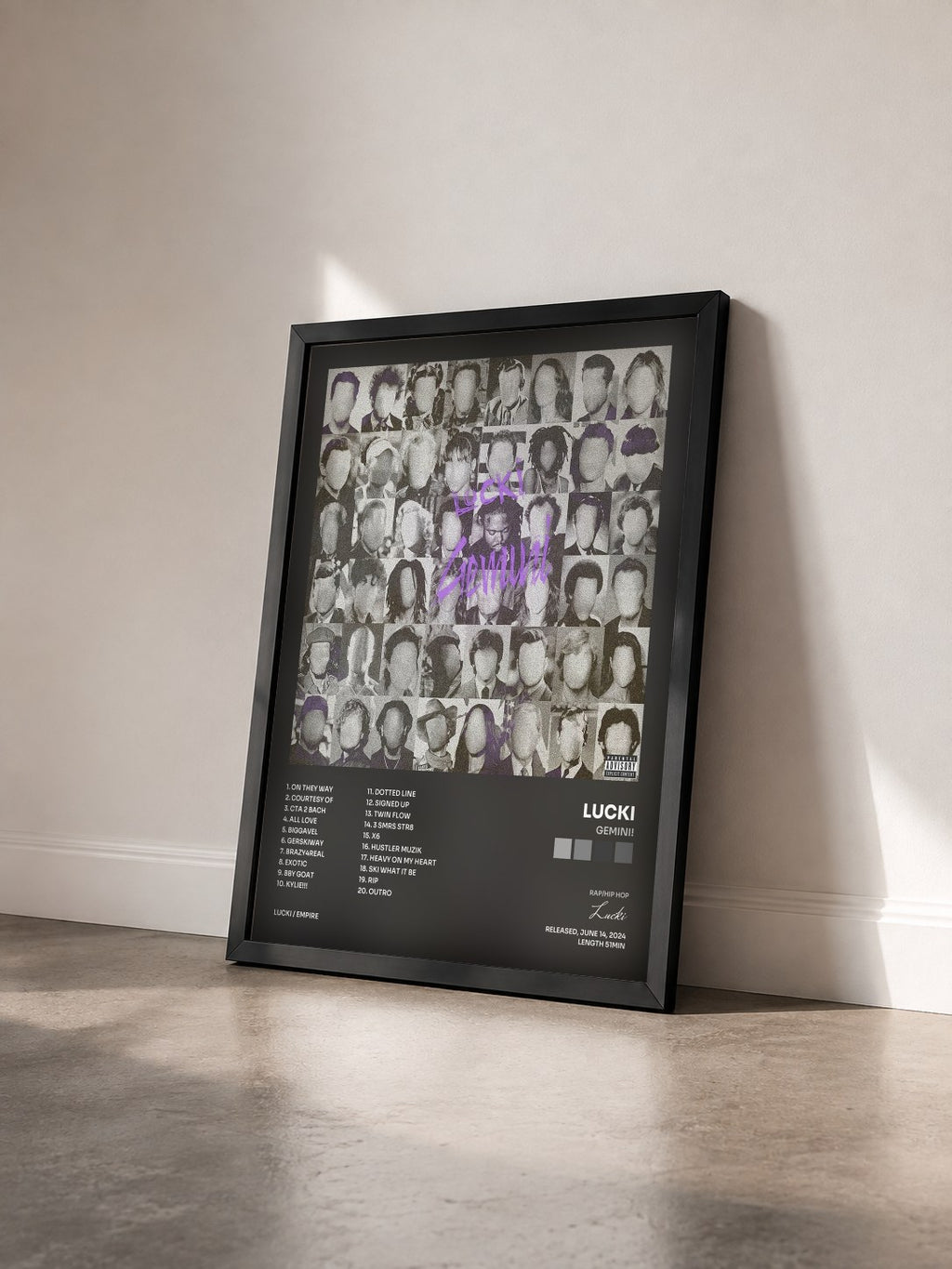 #noir Tableau de l'album GEMINI! de Lucki vu de trois quarts, cadre noir