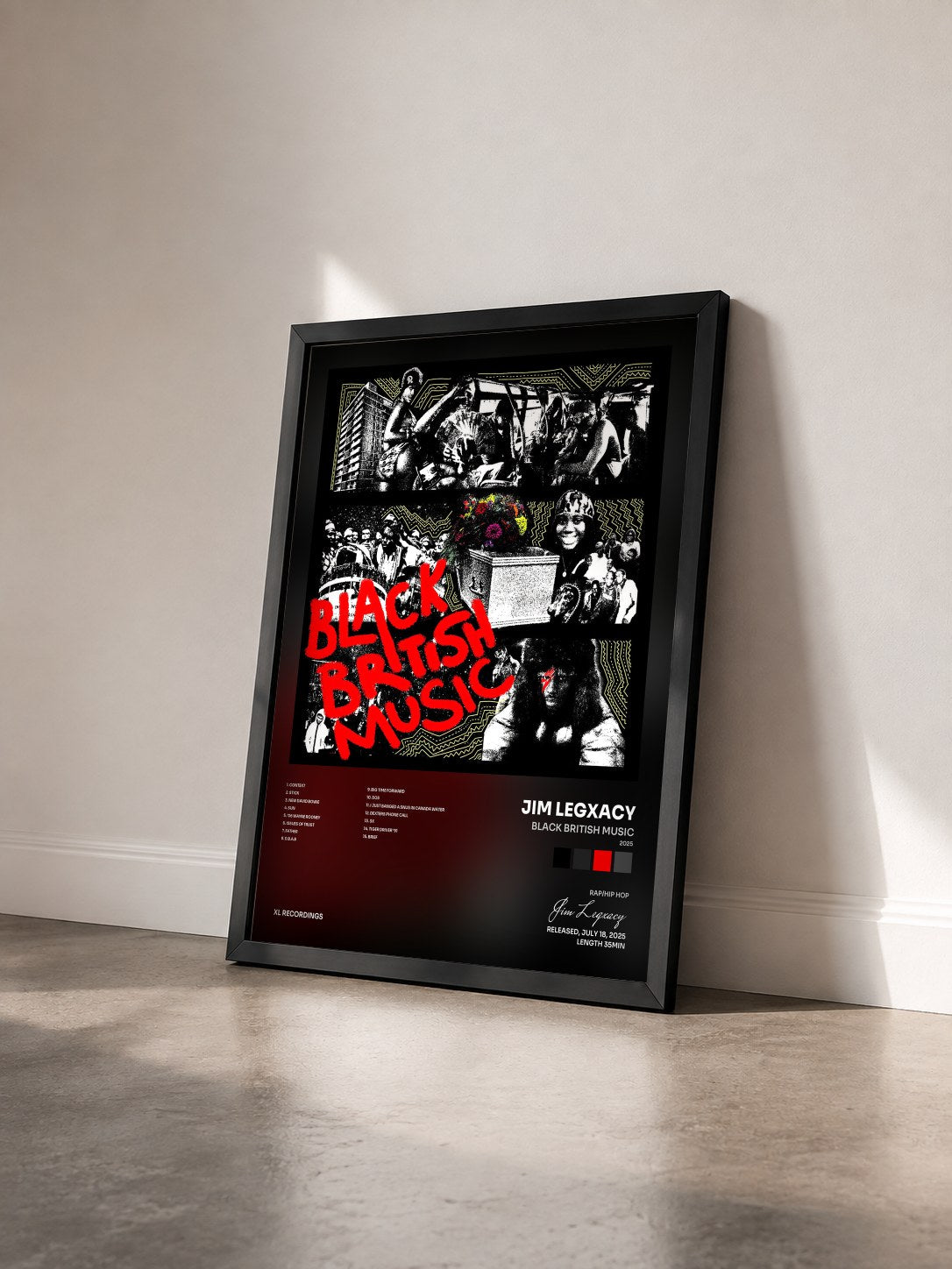 #noir Tableau de l'album black british music (2025) de Jim Legxacy vu de trois quarts, cadre noir